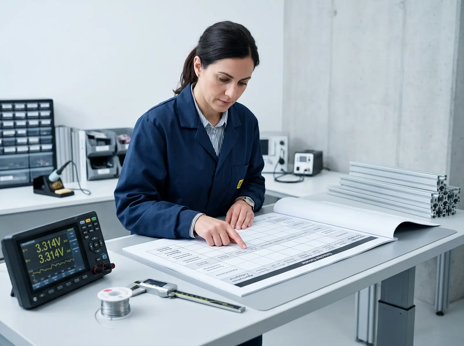 Product engineer pointing at a printed decision matrix chart during clean studio macro photography