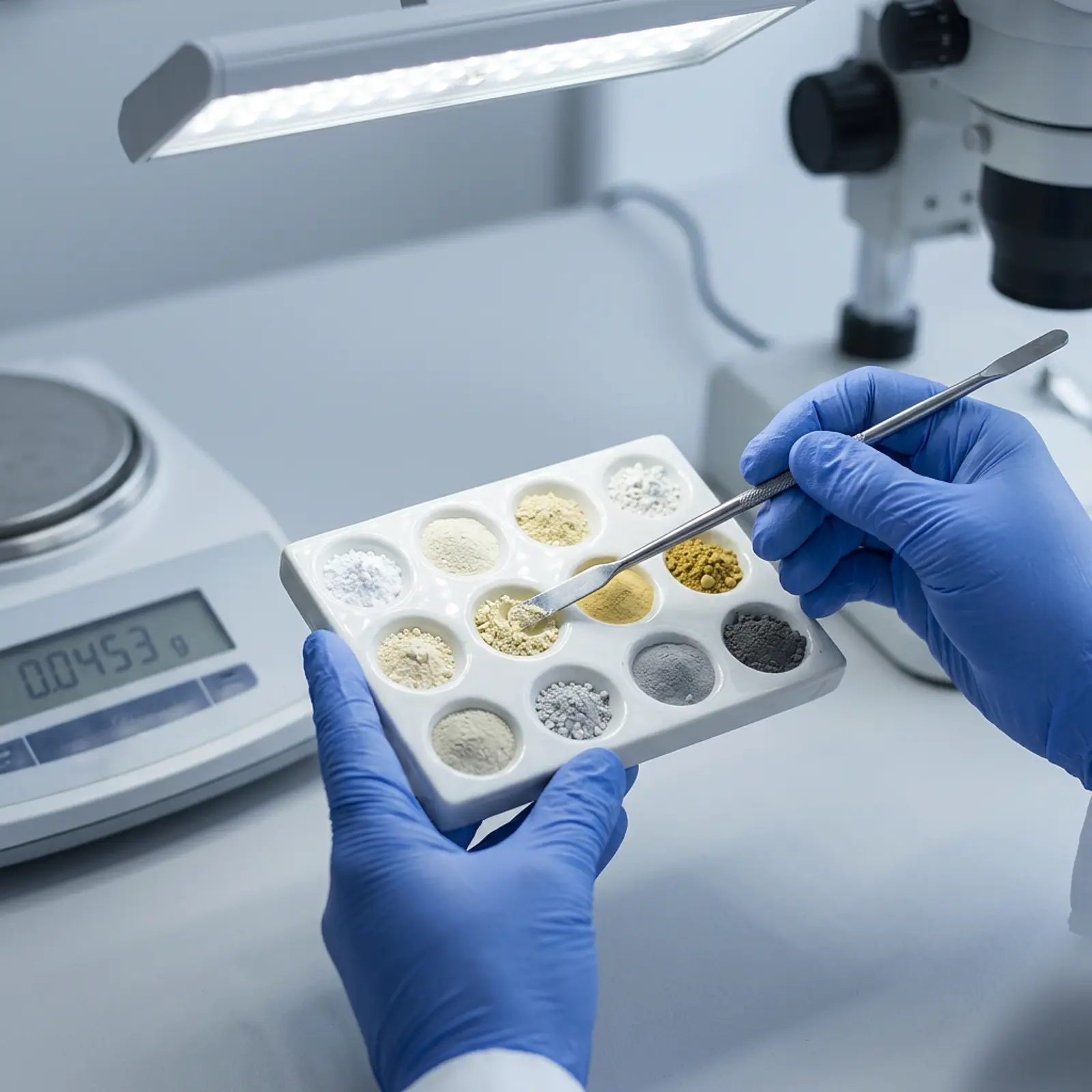 Tray of titanium dioxide powder samples in white, yellow, and gray shades