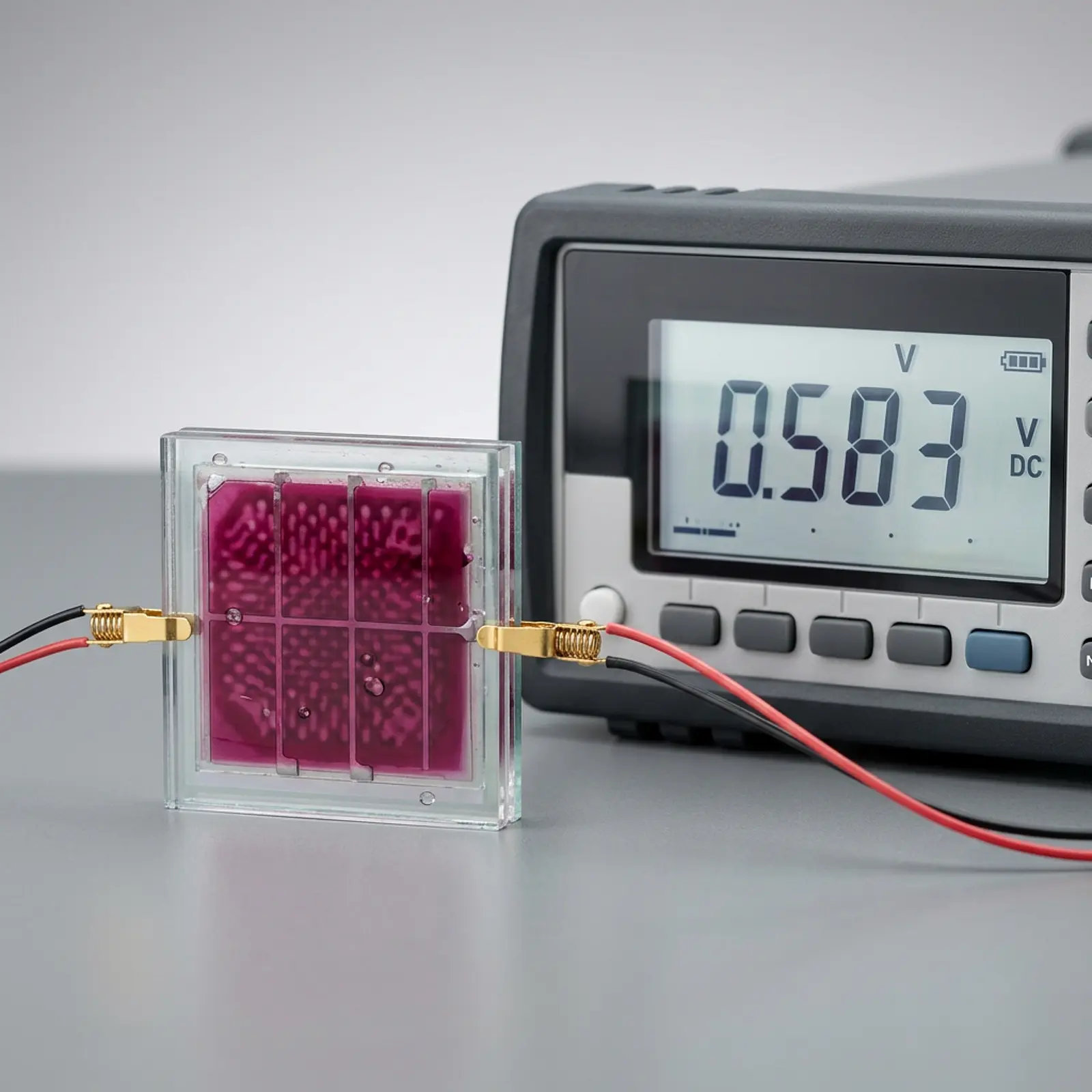 Close-up dye-sensitized solar cell on lab bench with multimeter voltage reading, macro studio shot