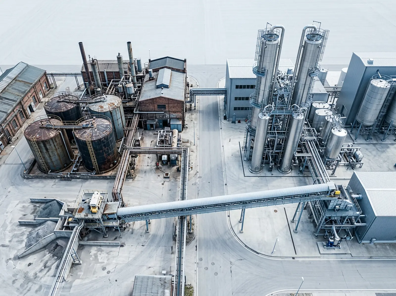 Aerial view of two adjacent industrial processing plants with conveyor belts and storage tanks
