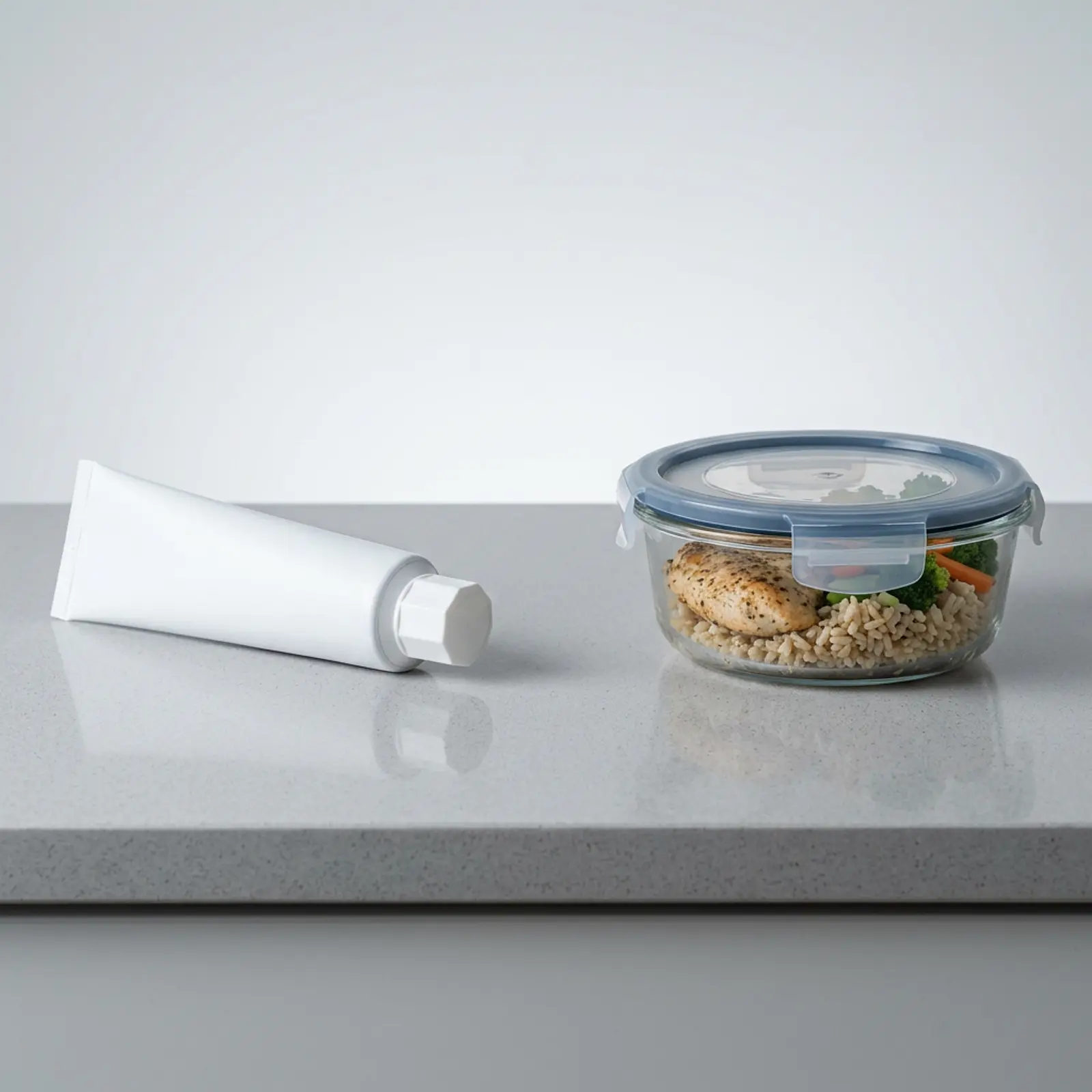 Close-up of a toothpaste tube and a separate food container on a kitchen counter, clinical.