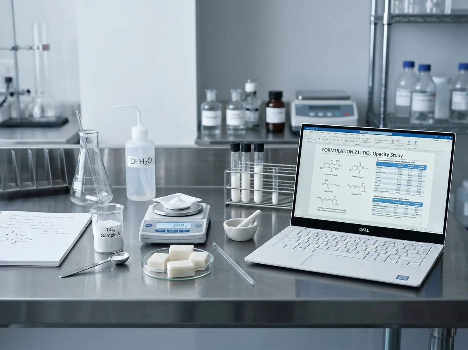 Open laptop on a soap-making bench next to TiO2 samples and white soaps, ingredients being compared.