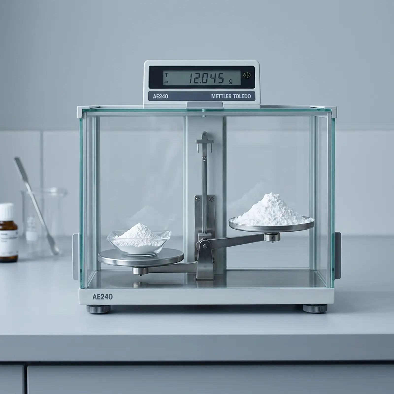 Macro shot of precision balance with two different white powder piles on pans, cool studio lighting