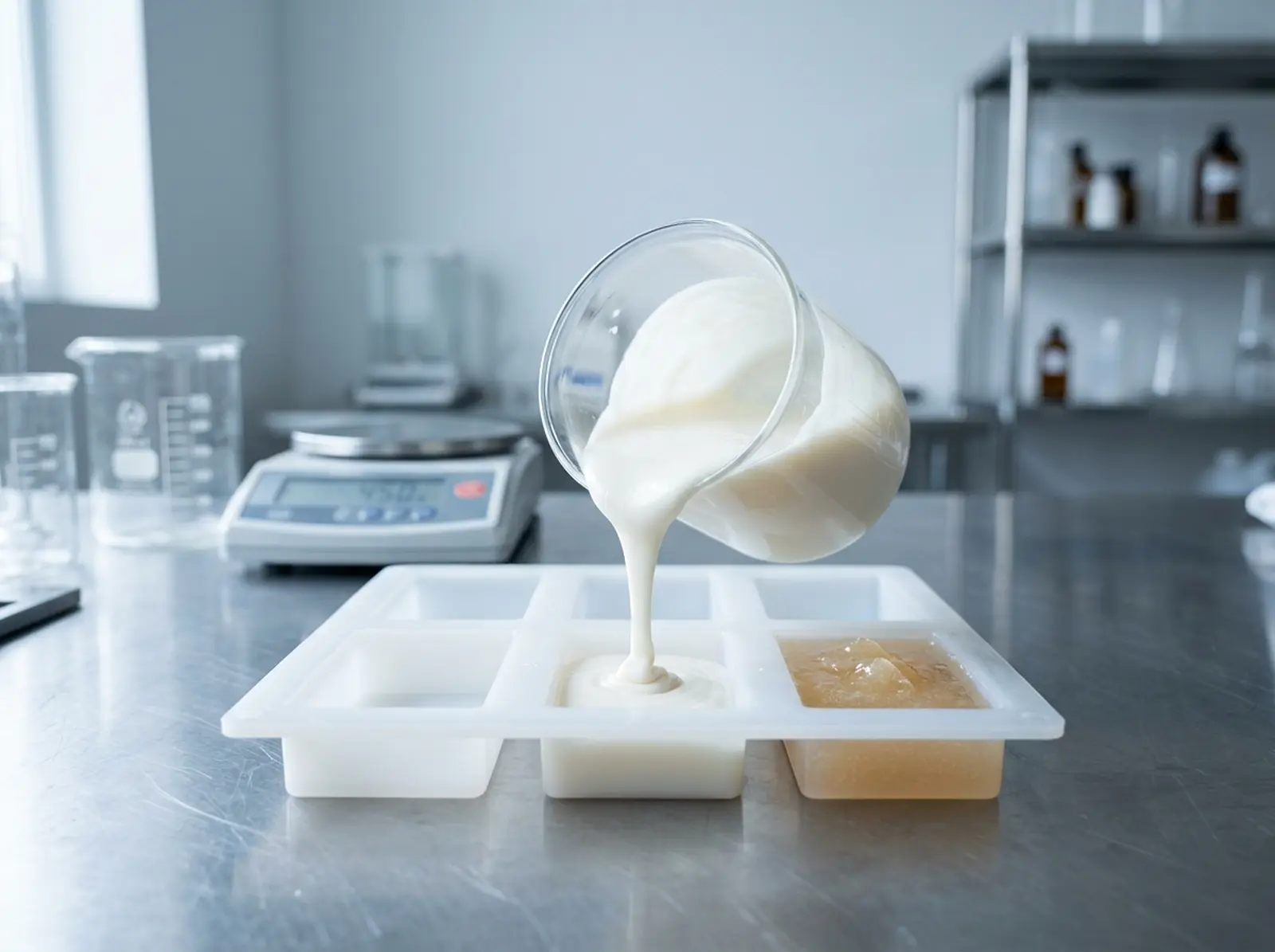 Macro studio shot: white soap batter in a mold cavity, next to a translucent sample for comparison