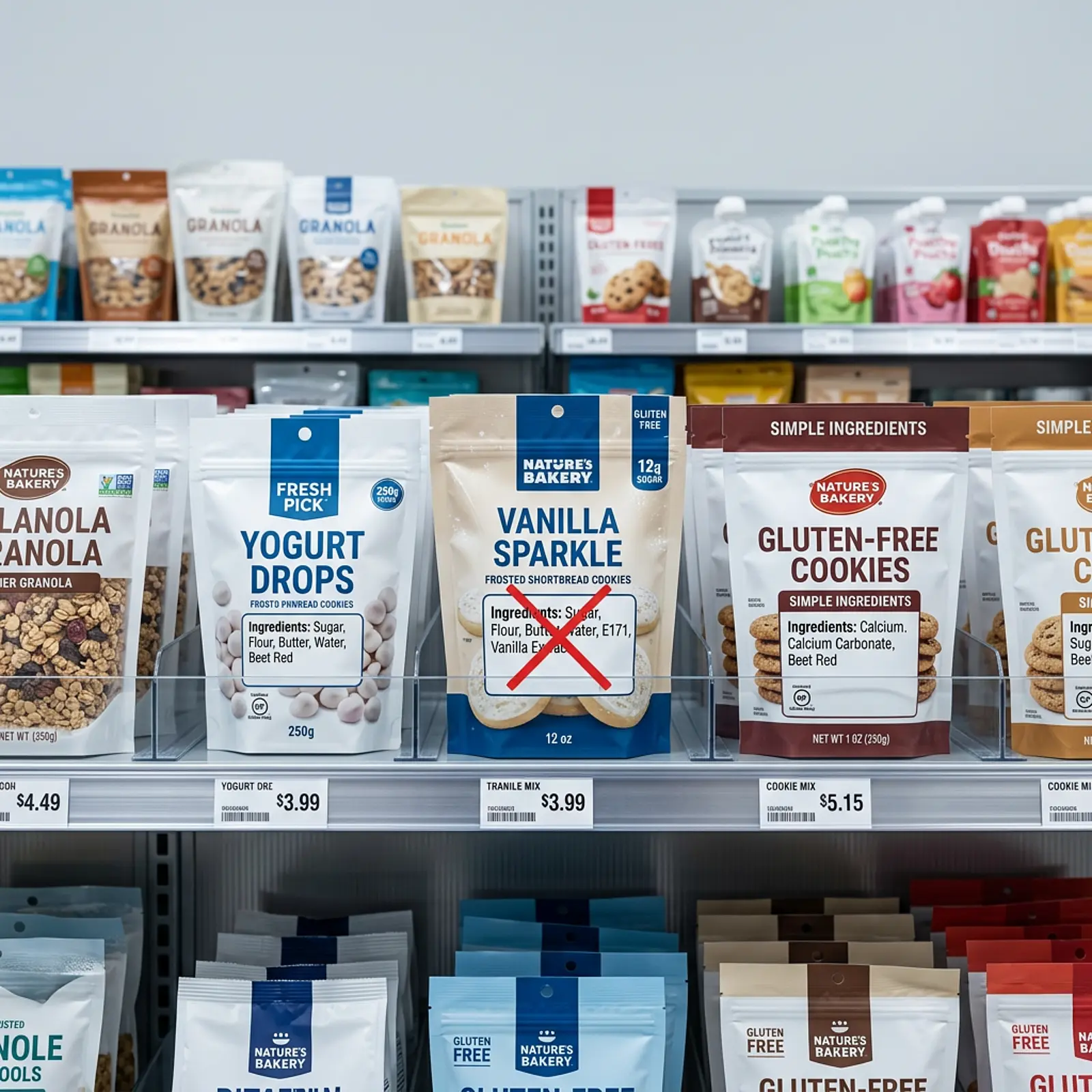 Supermarket shelf of packaged foods with a crossed-out E171 label in a clean studio macro shot