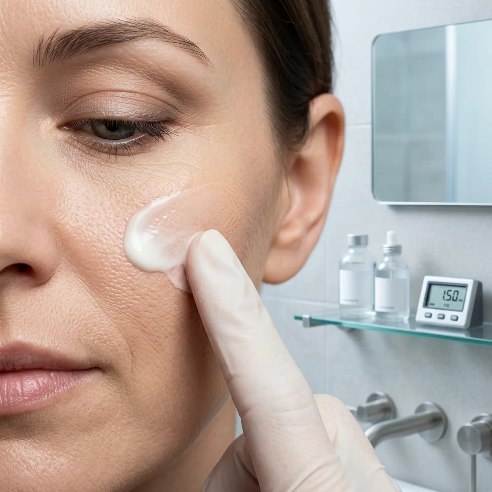 Studio shot of an adult applying sunscreen under makeup in front of a mirror