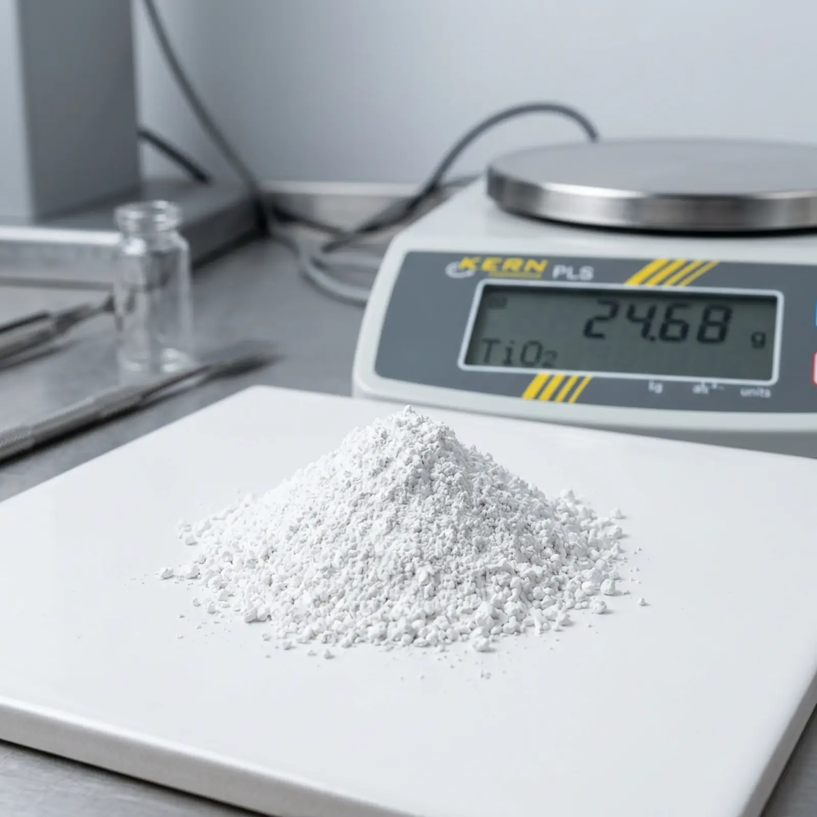 Pile of titanium dioxide pigment on a white surface, studio macro shot.