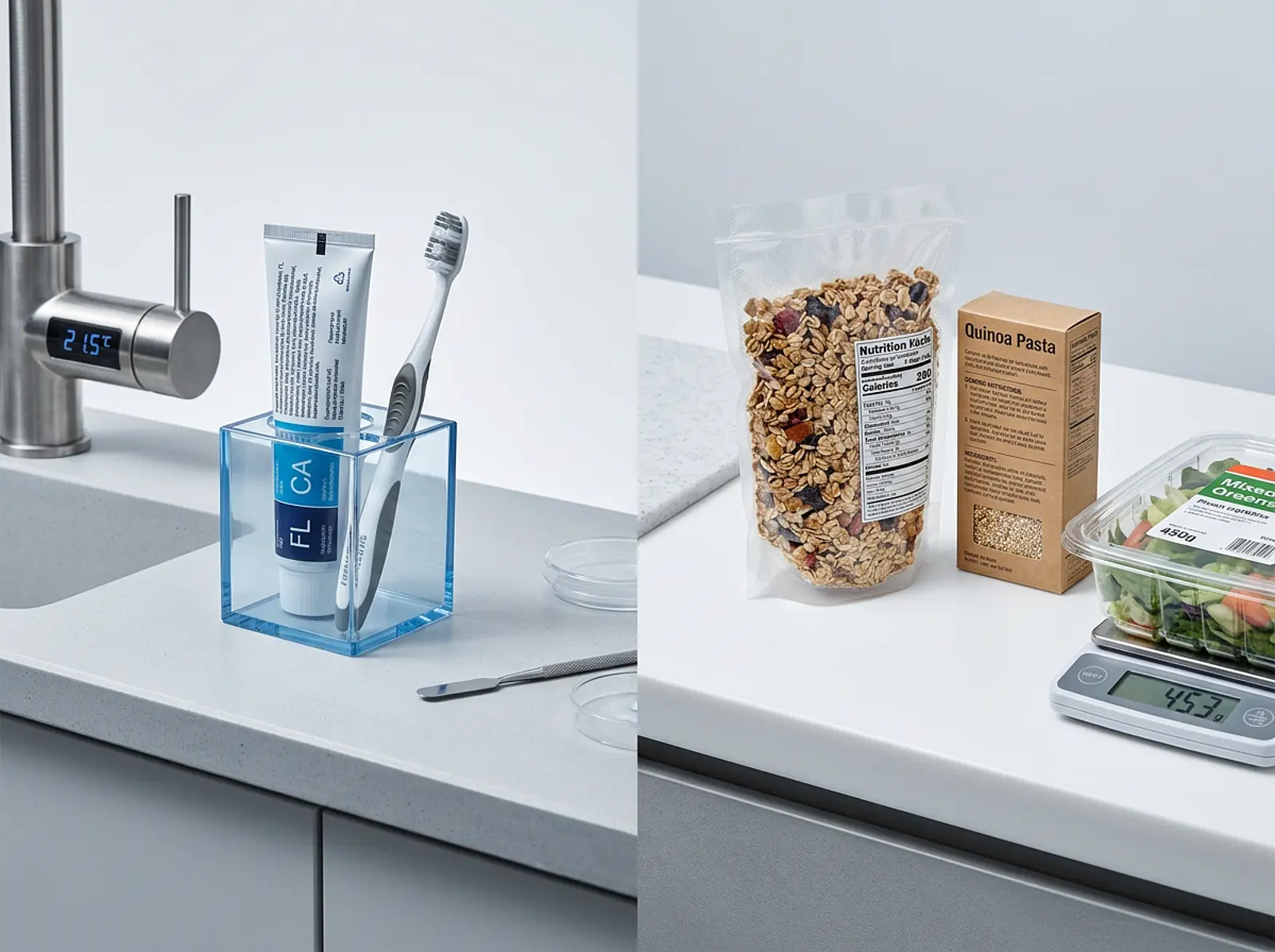 Toothpaste and toothbrush at the sink, opposite packaged food items on a kitchen counter.