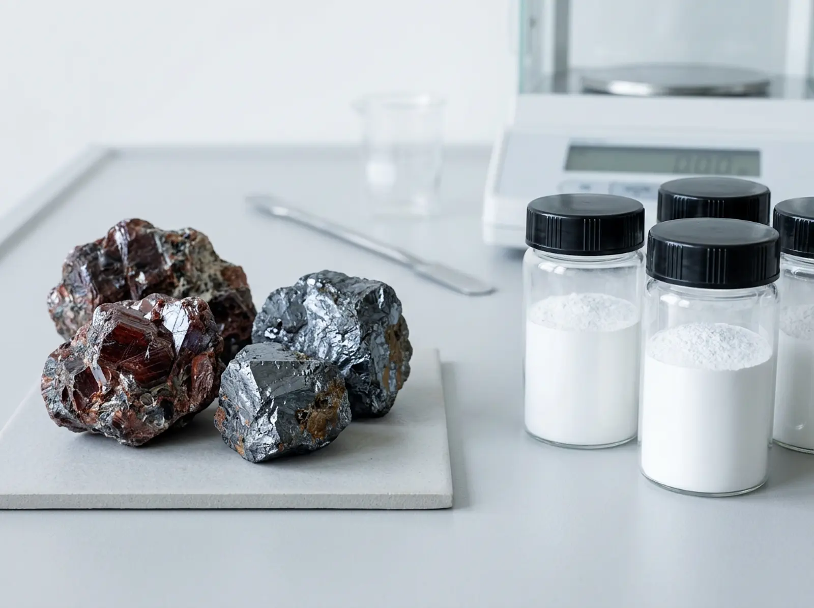 Macro studio shot: rutile and ilmenite minerals on the left, sealed pigment powder containers on the right.