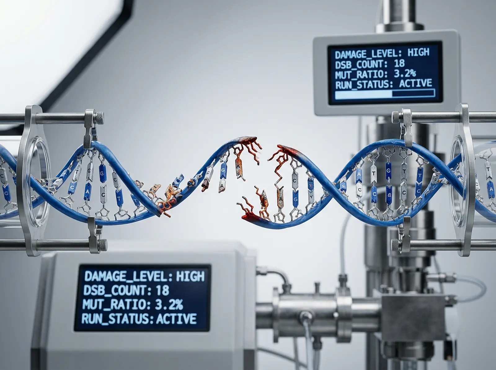 Macro shot of a DNA double helix with breaks and mutations, genotoxic damage.