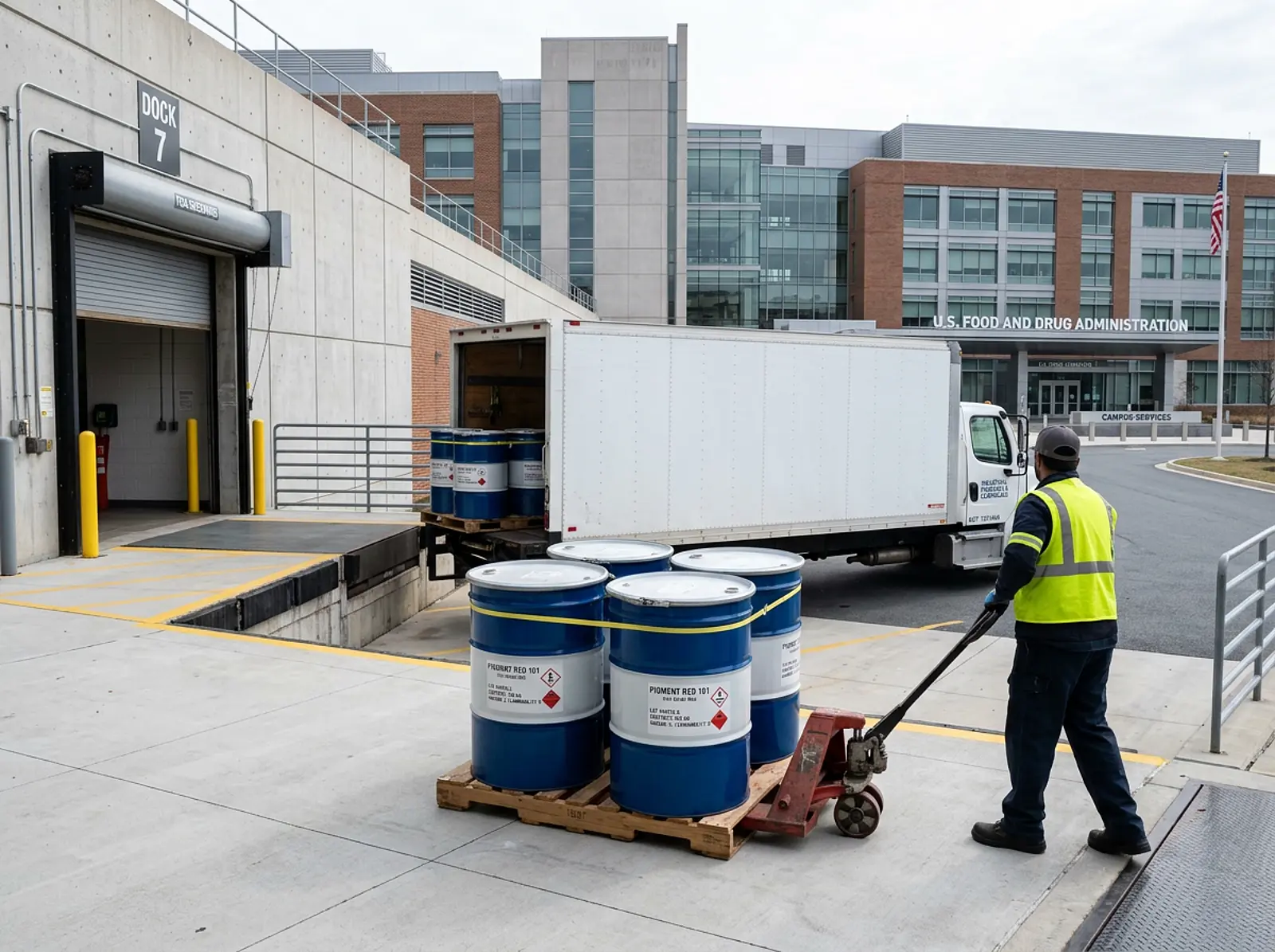 Federal office building with a truck unloading pigment drums at a loading dock