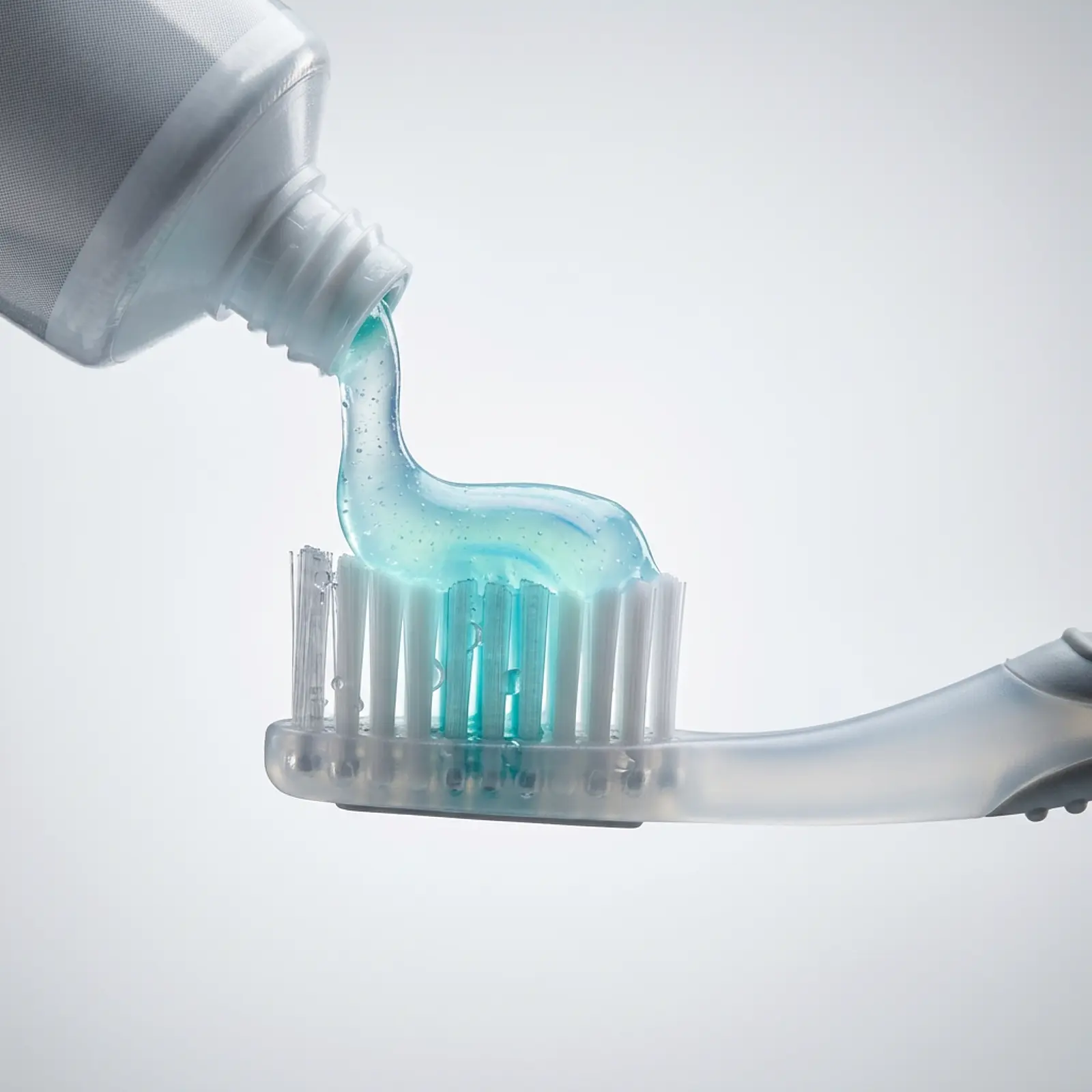 Transparent gel toothpaste being pressed onto a toothbrush; light passing through the gel, studio shot.