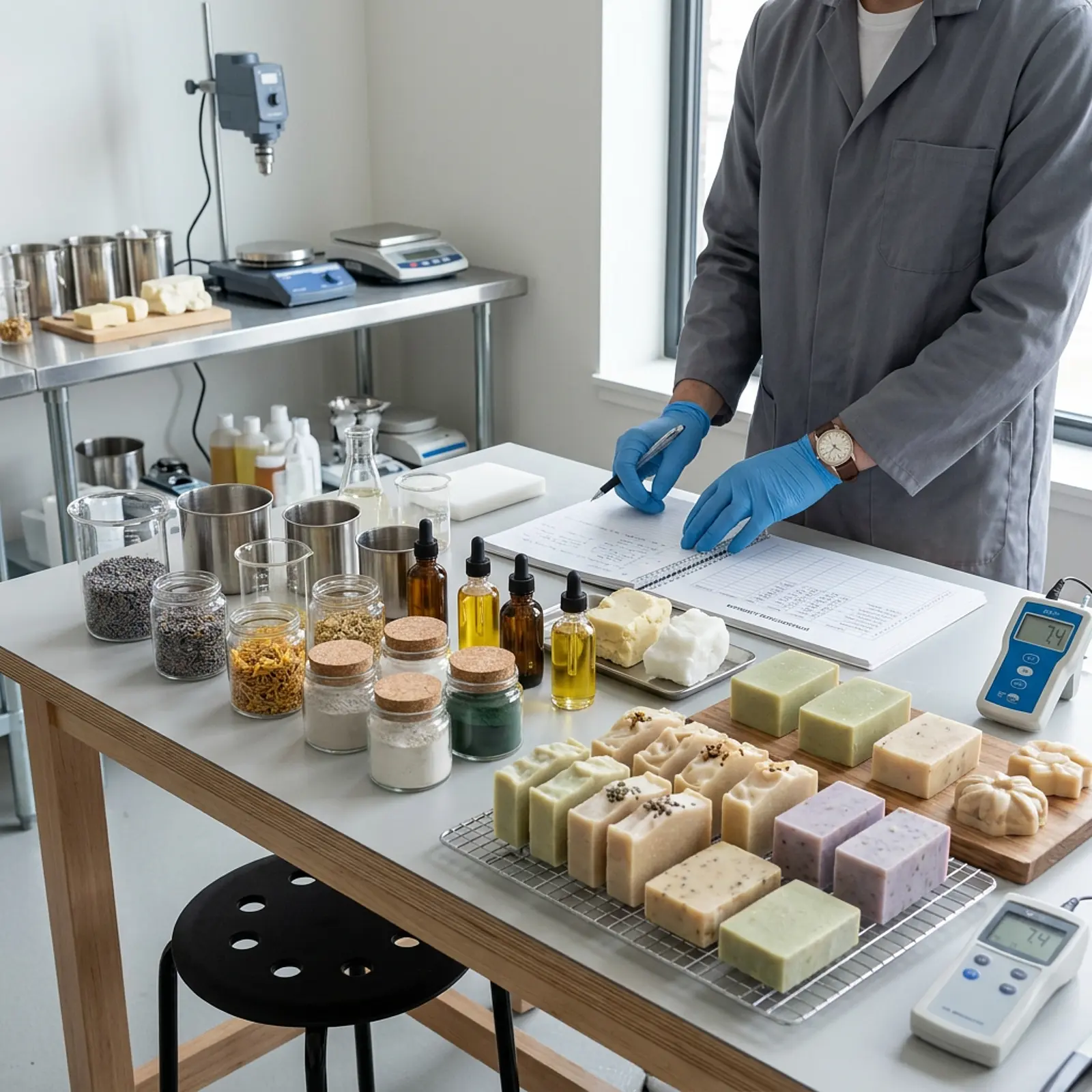 Clean studio shot of soap-making raw materials, finished soaps, and documents on a production table.