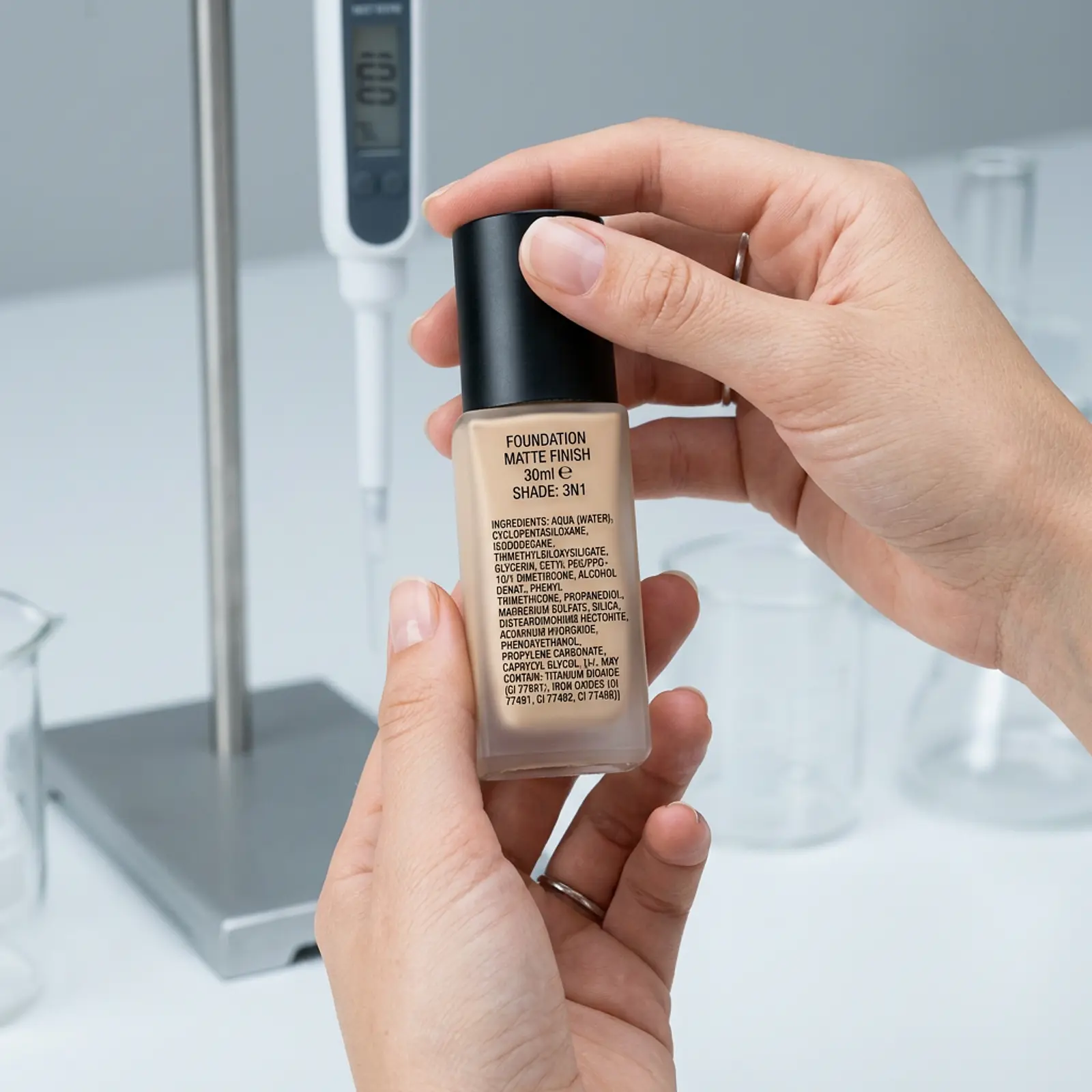 Hands checking a foundation bottle and the ingredient list on the label, studio macro photograph