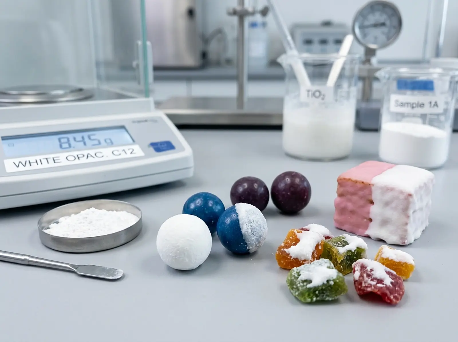 Macro close-up of white coating on colorful candies and icing, showing a whitening food additive.
