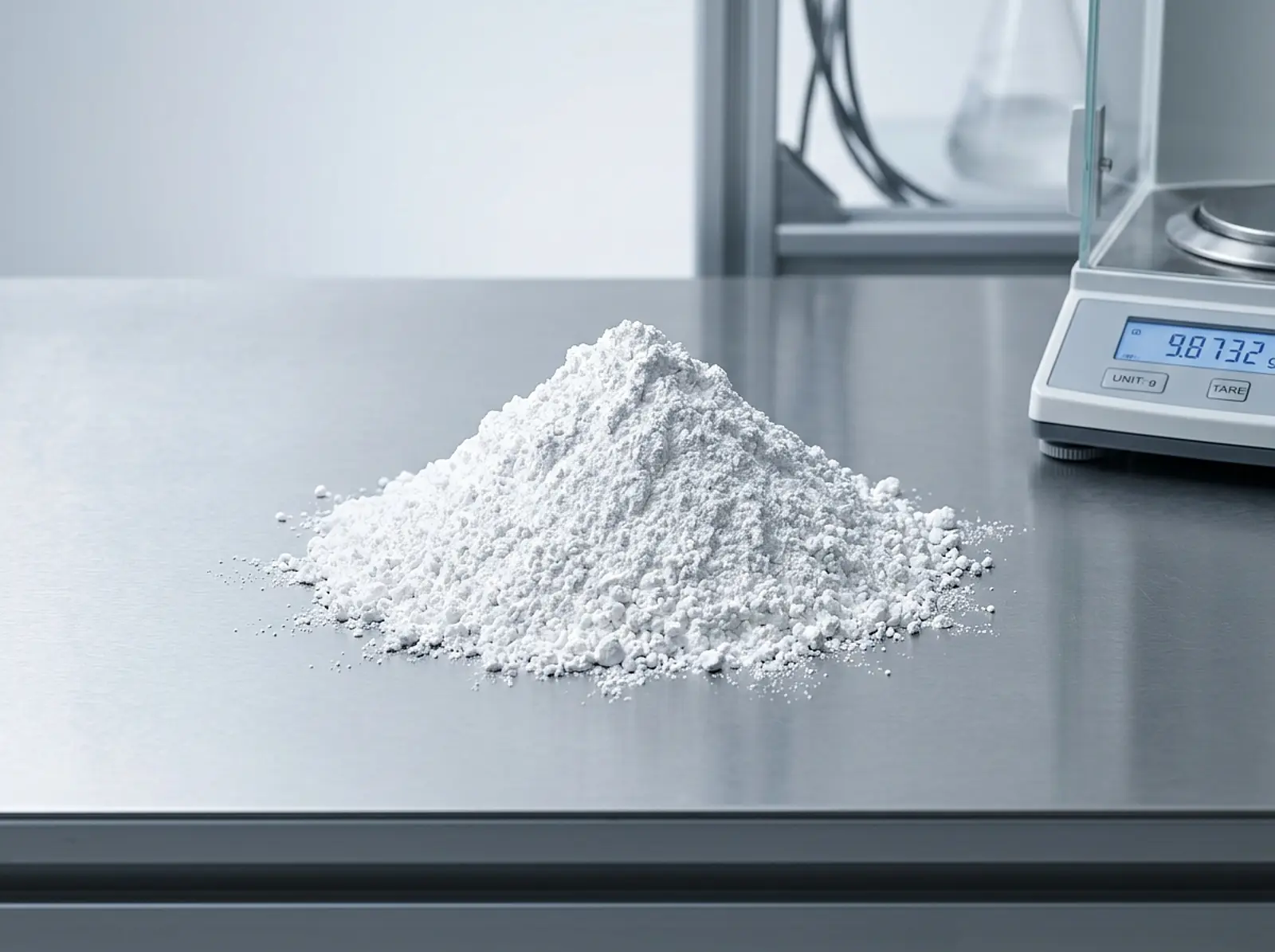 Mound of bright white titanium dioxide powder on a neutral surface in a clean studio.