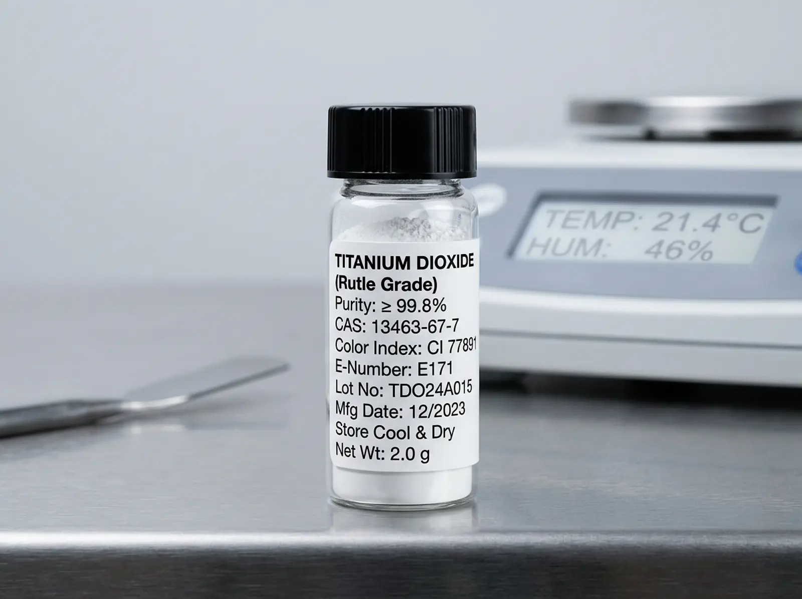 Macro shot of a titanium dioxide label: E171 and CI 77891, on a neutral studio background.