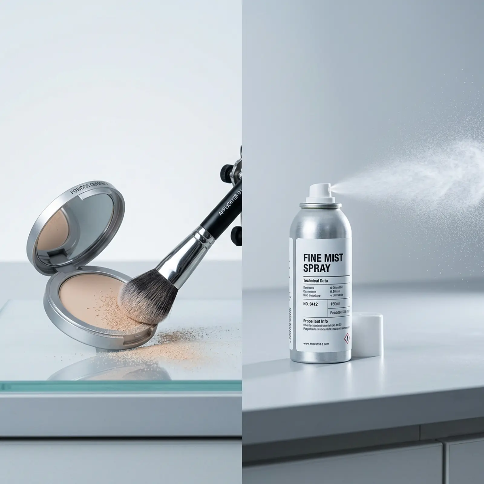 Scientific-industrial studio macro photograph: a pressed powder compact with brush next to an aerosol mist
