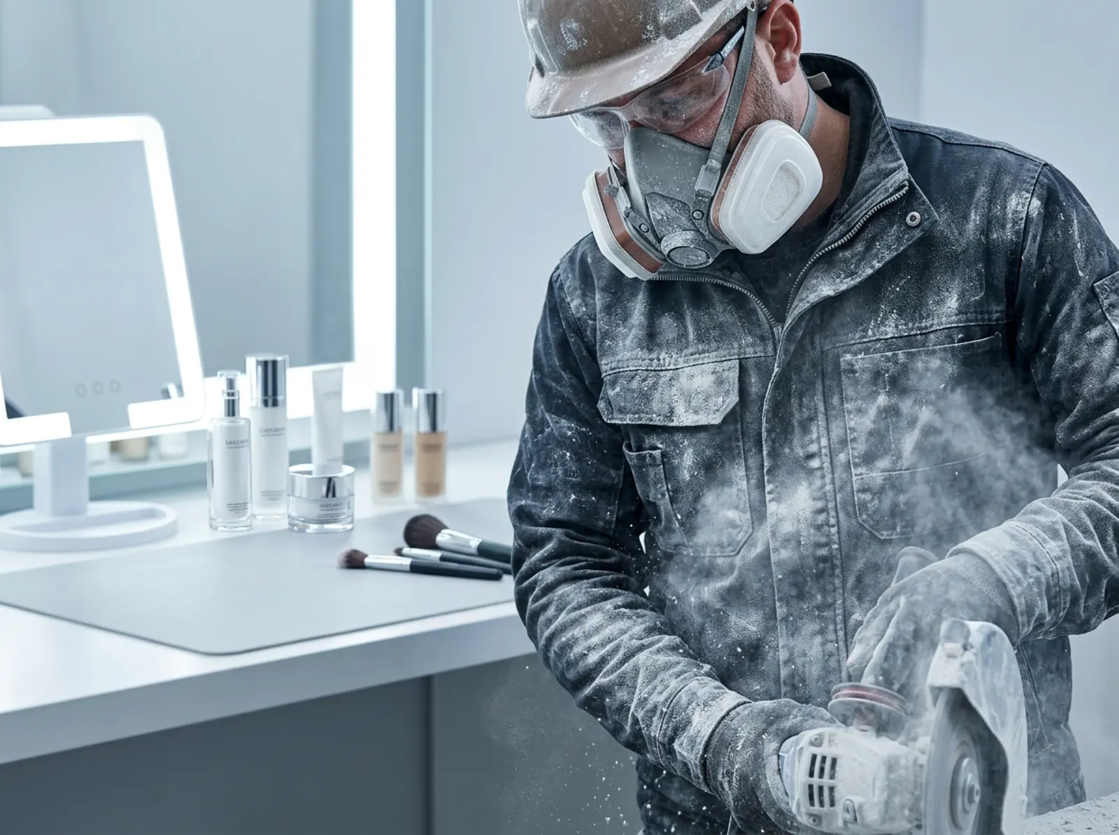 Construction worker wearing a respirator mask in an industrial setting, surrounded by white dust, studio macro photograph