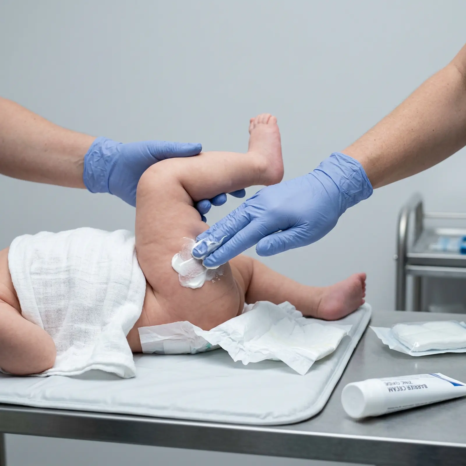 Caregiver applying a thick white barrier cream to a baby's diaper area