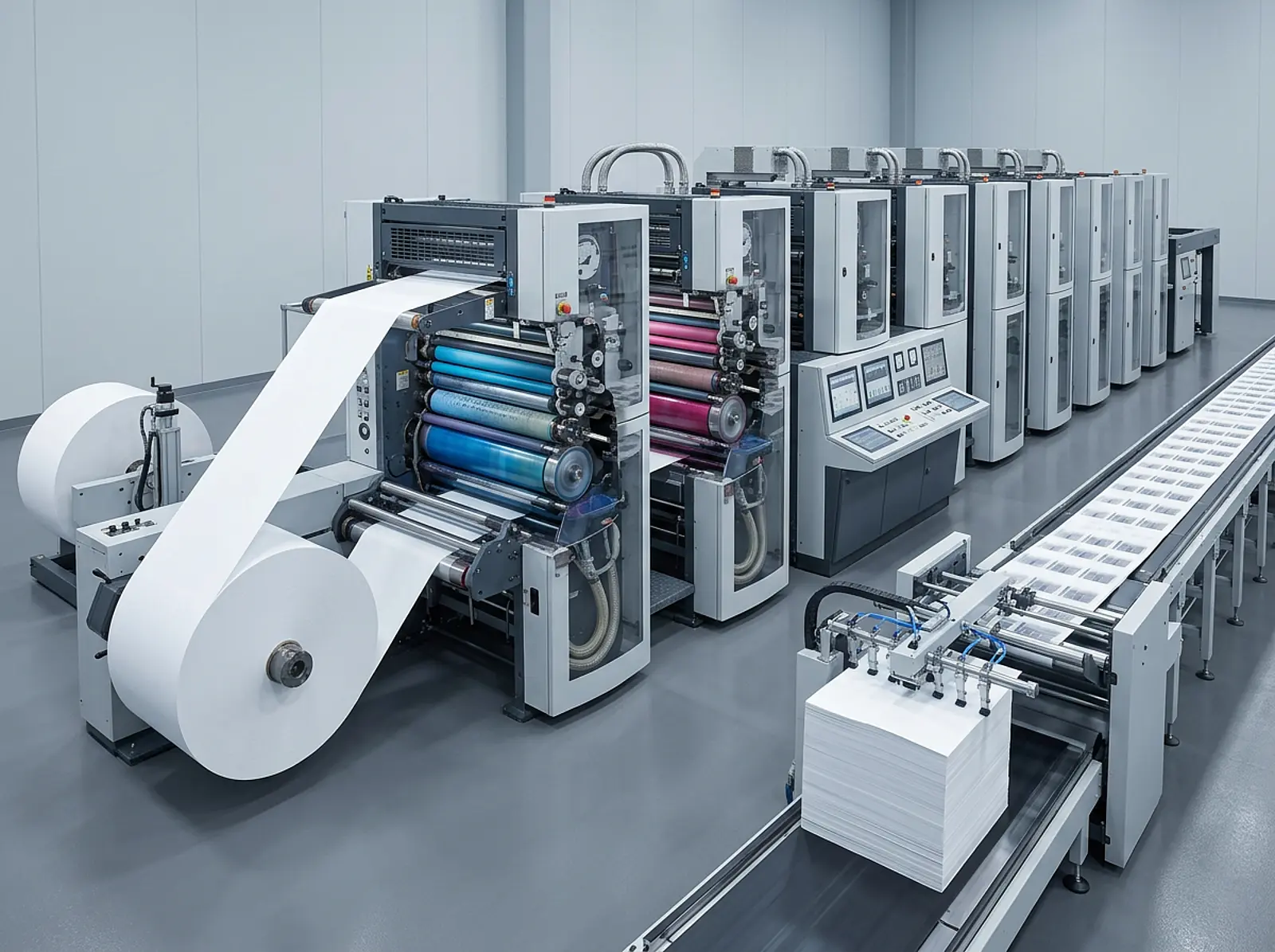 High-speed offset printing press in operation with white paper rolls and stacked sheets, macro detail