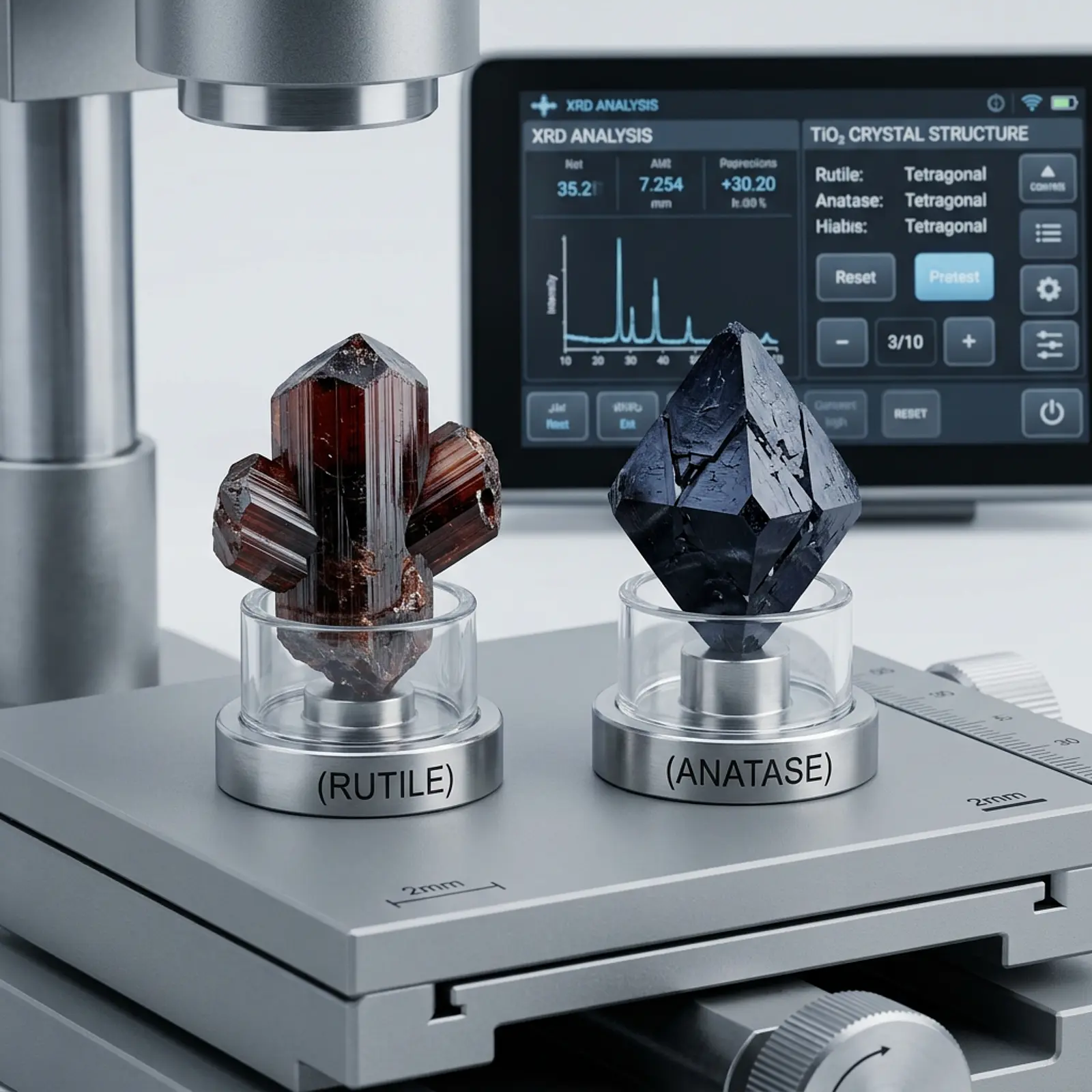 Macro studio shot of rutile and anatase crystal structures on a neutral gray backdrop.