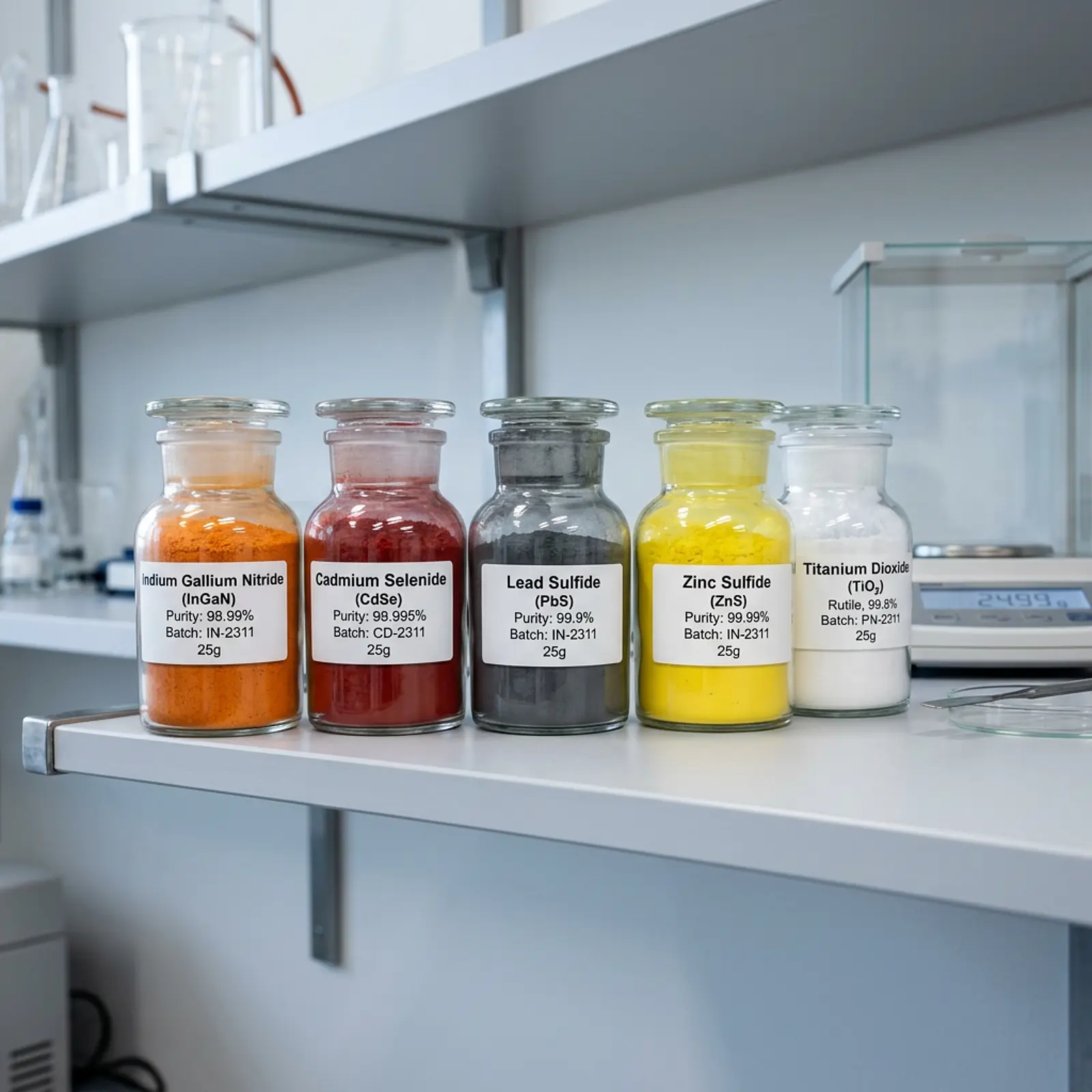 Laboratory shelf with labeled jars of semiconductor powders and white titanium dioxide