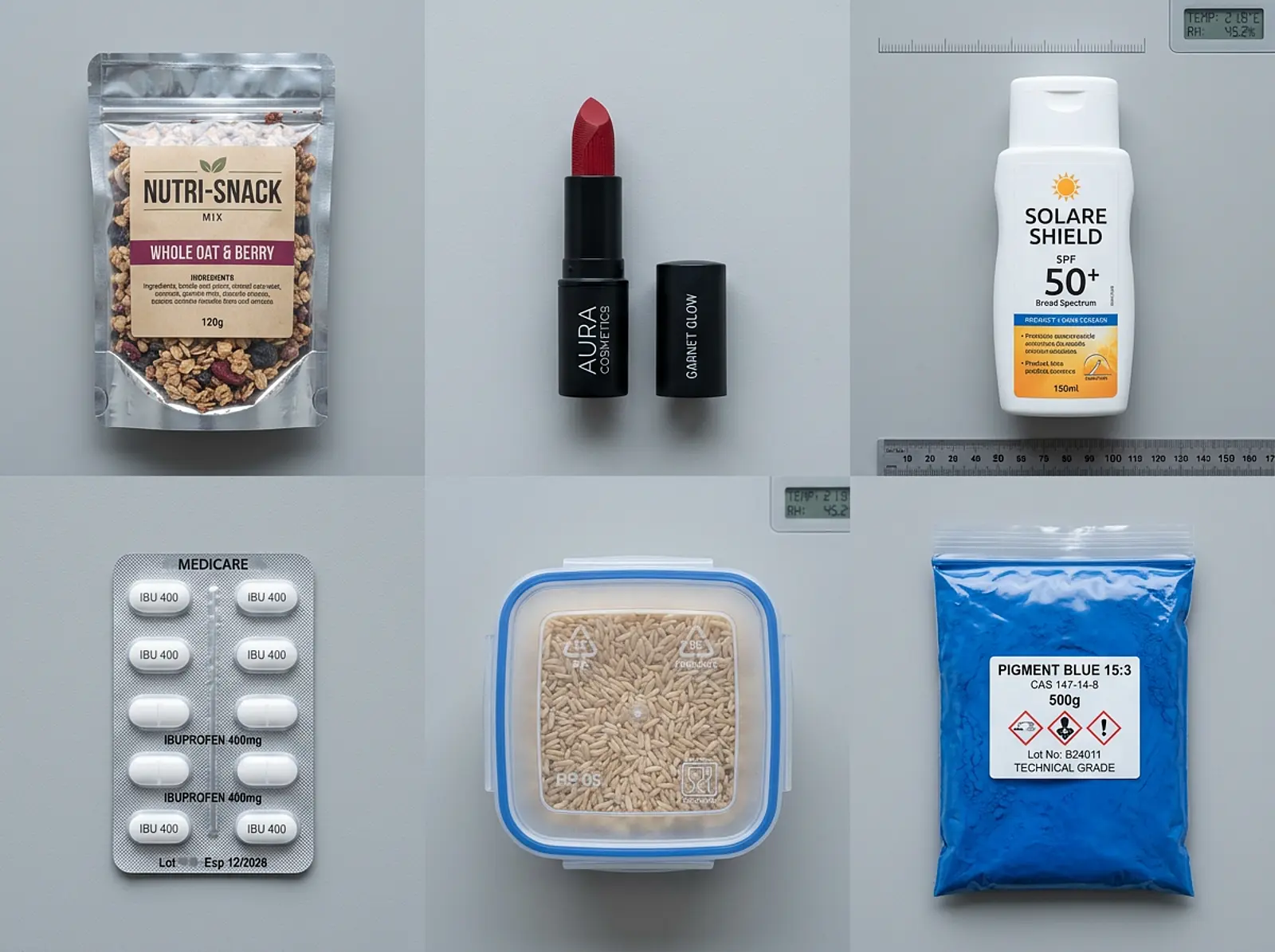Flat lay of a snack, lipstick, sunscreen, medicine, food container, and pigment bag
