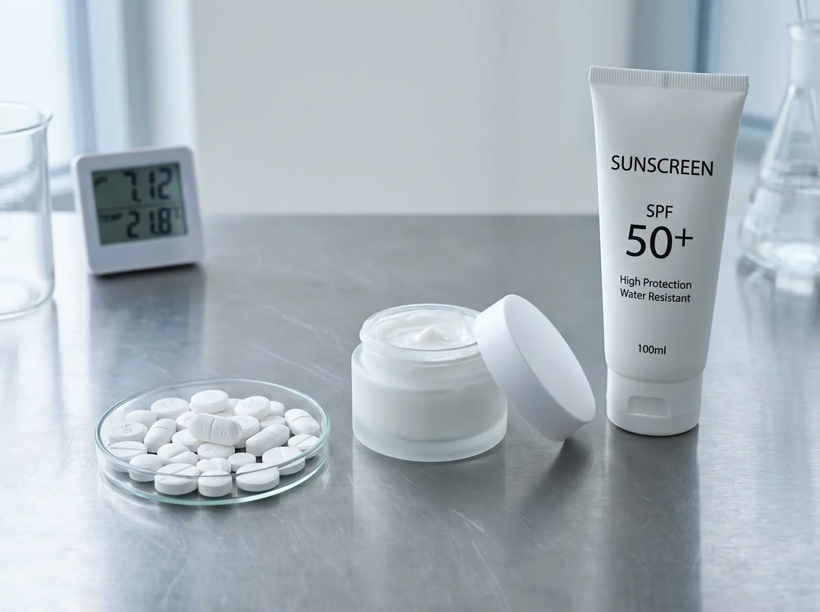 Close-up of white pharmaceutical tablets, cream jar, and sunscreen tube on stainless lab surface