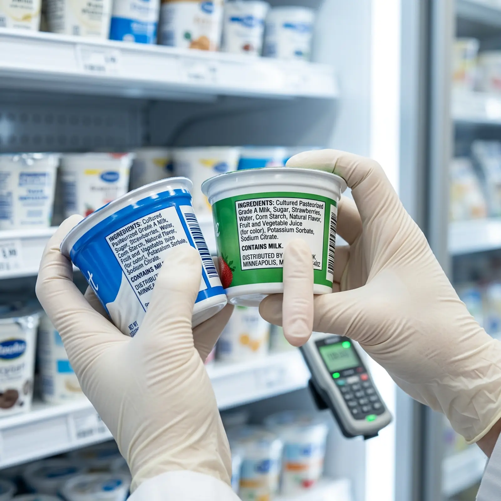 Macro shot of grocery labels comparing products with and without titanium dioxide.
