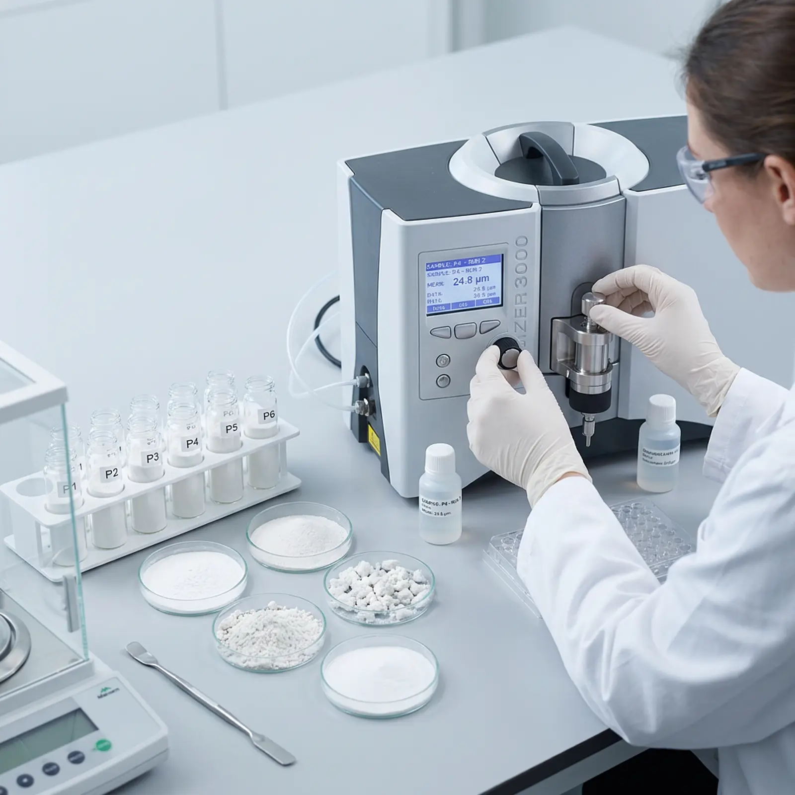 Studio shot: lab bench with white material samples, measuring instrument being calibrated.