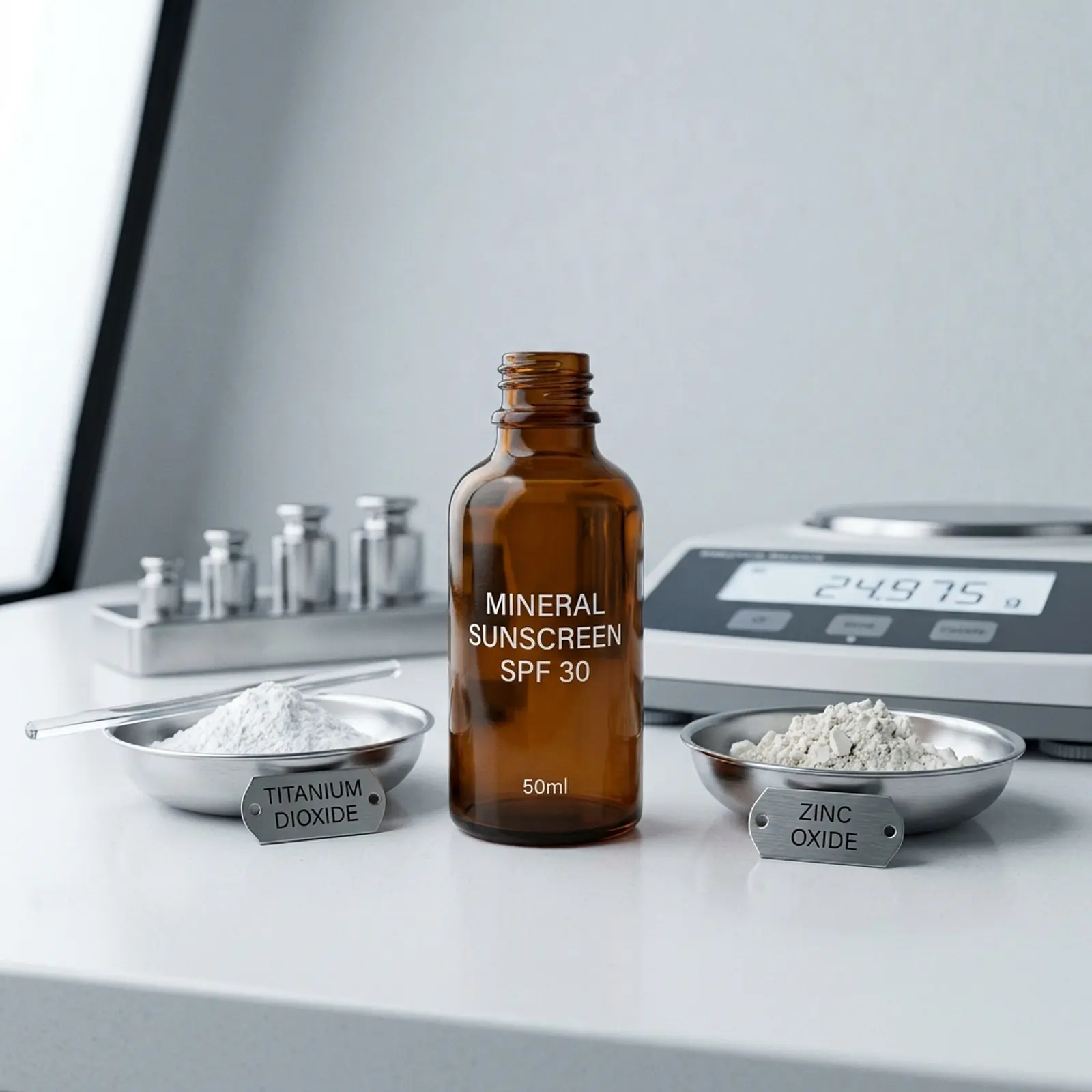 Macro shot of mineral sunscreen with titanium dioxide and zinc oxide in a clean clinical studio
