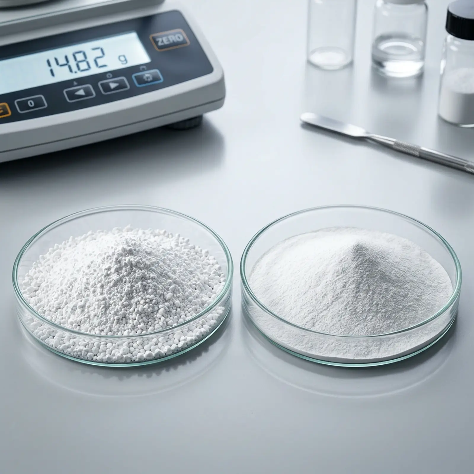 Macro shot of two TiO2 pigment particle sizes side by side on a neutral grey studio background.