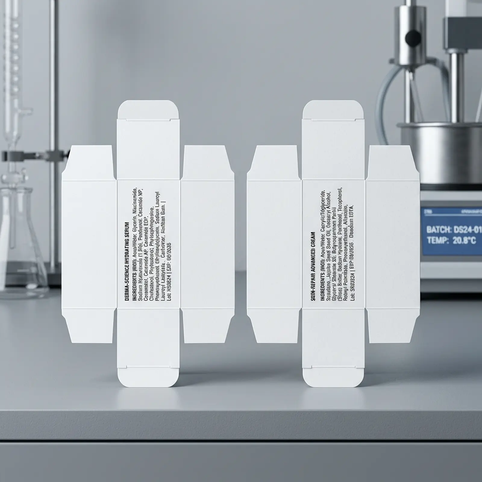 Two cosmetic boxes opened flat, displaying their printed ingredient lists.