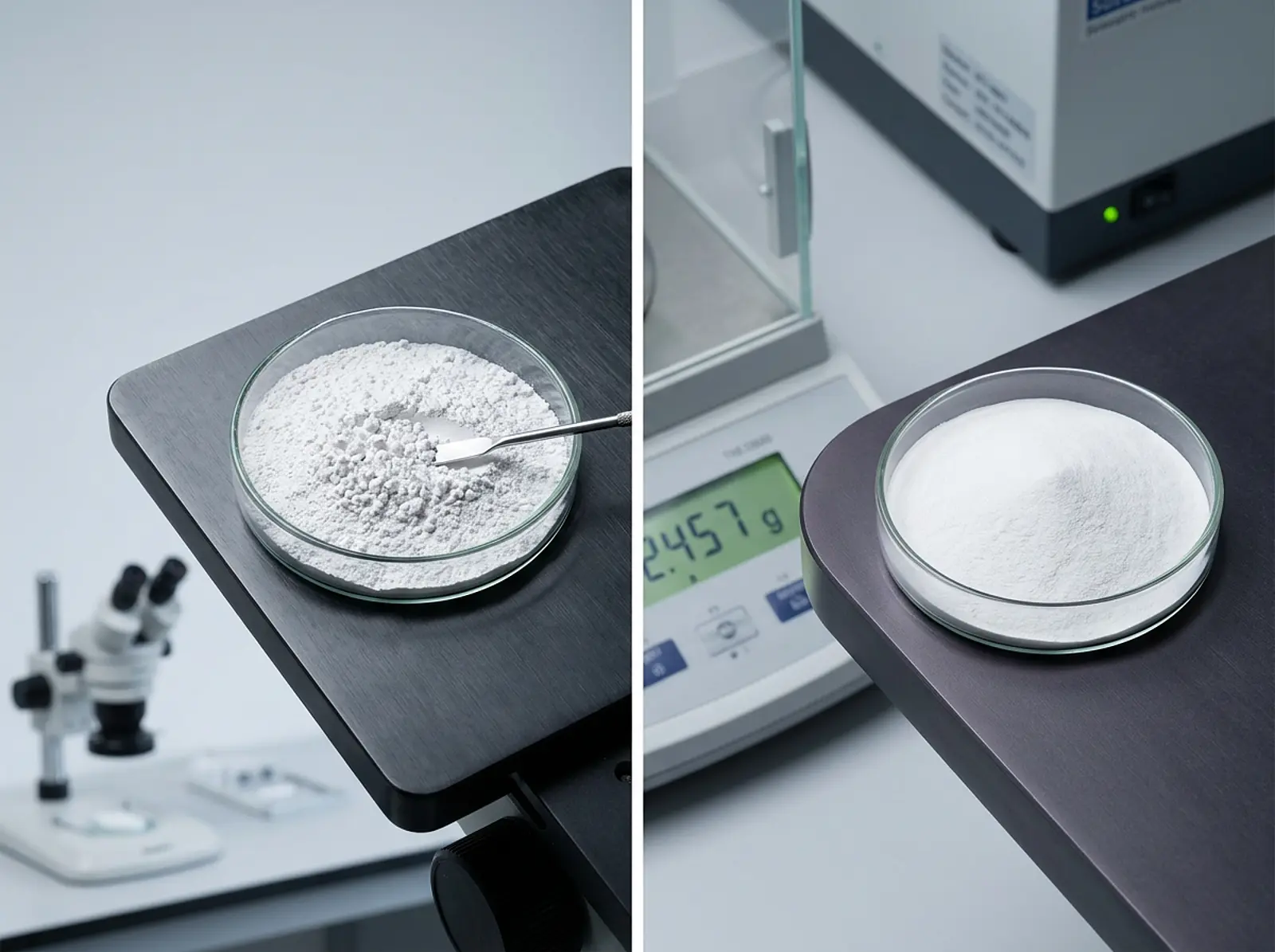 Two-panel macro image of TiO2 powders: pigment-grade and nanoscale particles, studio lighting.