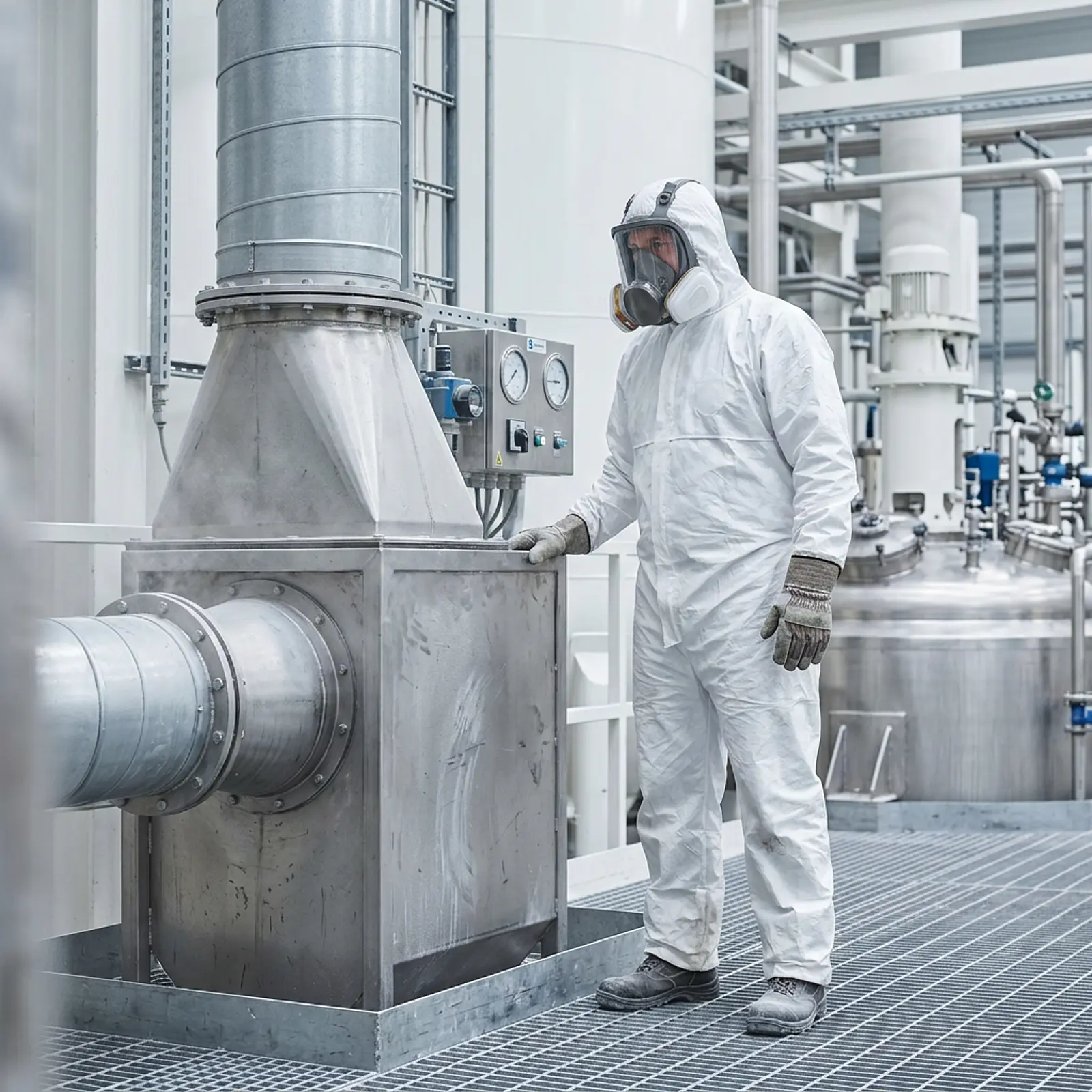 Photorealistic studio shot of PPE-clad worker beside a dust-collection vent in a TiO2 plant