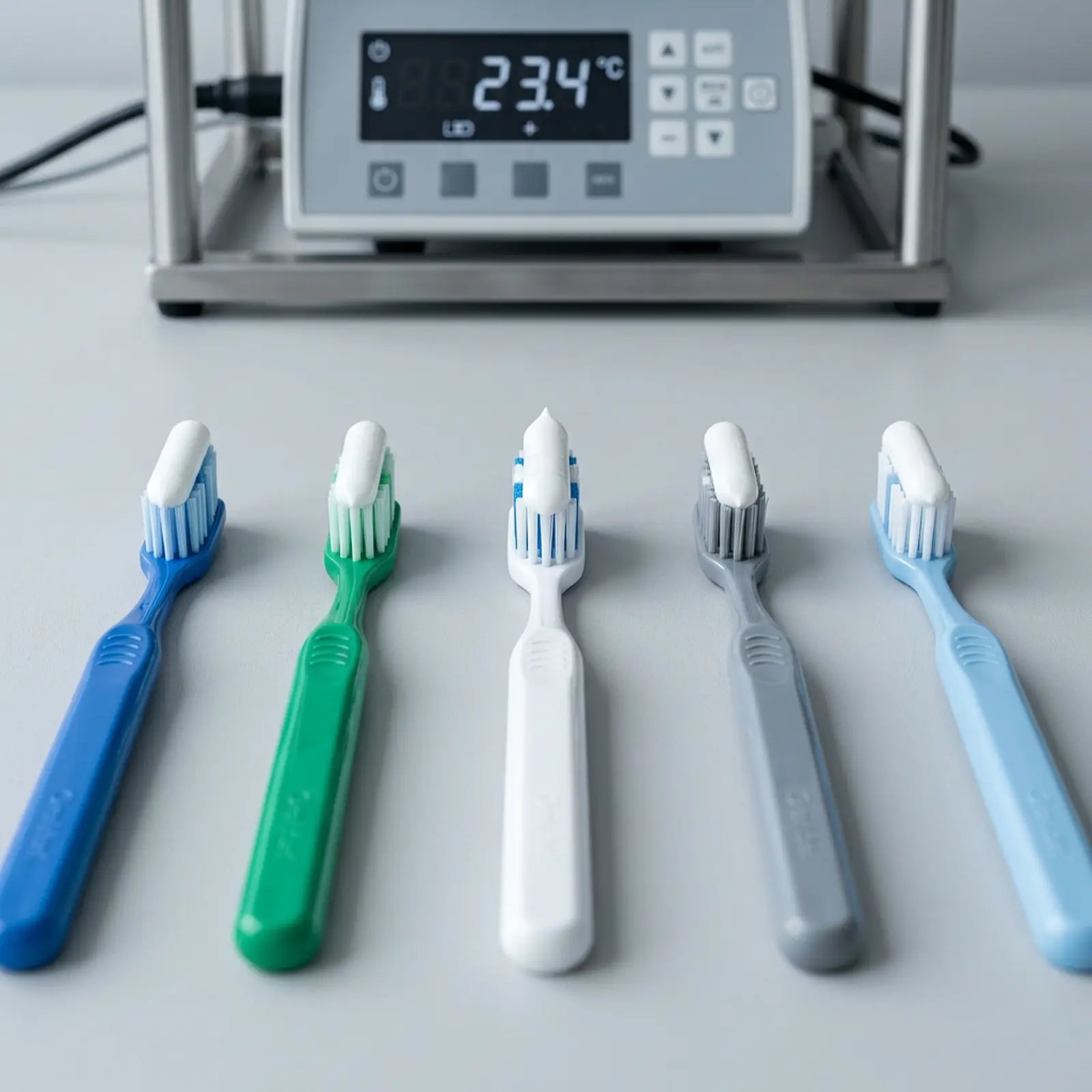 Several toothbrushes neatly arranged, the central brush topped with white toothpaste, studio shot.