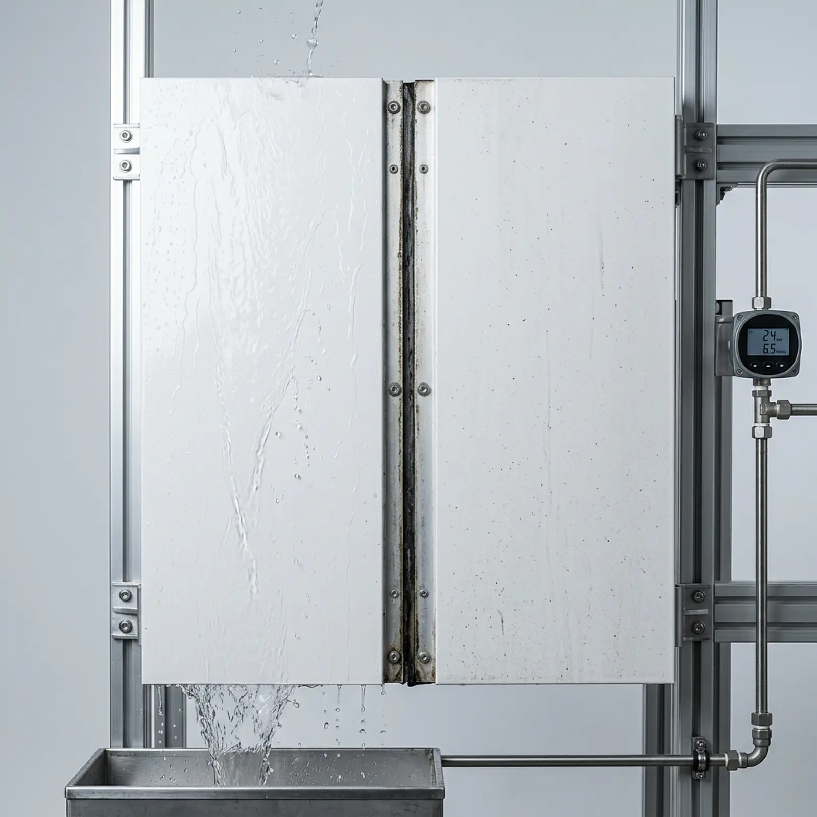 Building facade with white-coated panels showing rainwater runoff and a dry, lightly soiled section