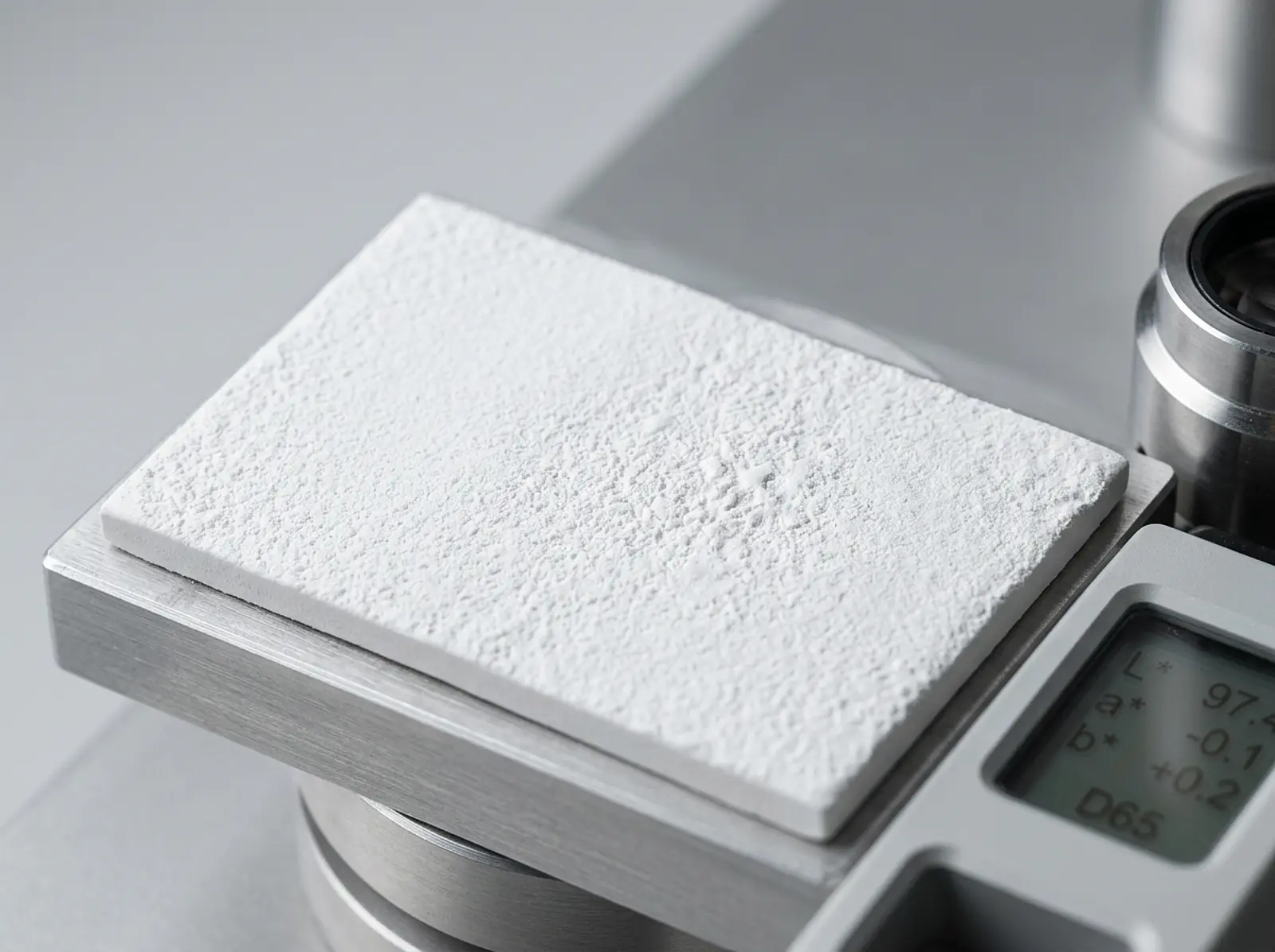 Macro close-up of a titanium dioxide-coated white surface under visible studio light.