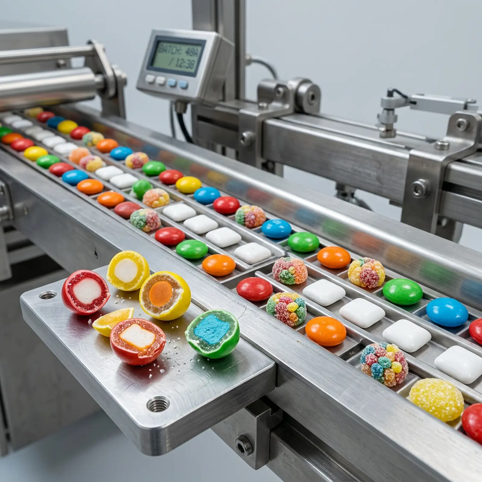 Macro shot of round candies and chewing gum pellets; confectionery with outer shell and colored core.