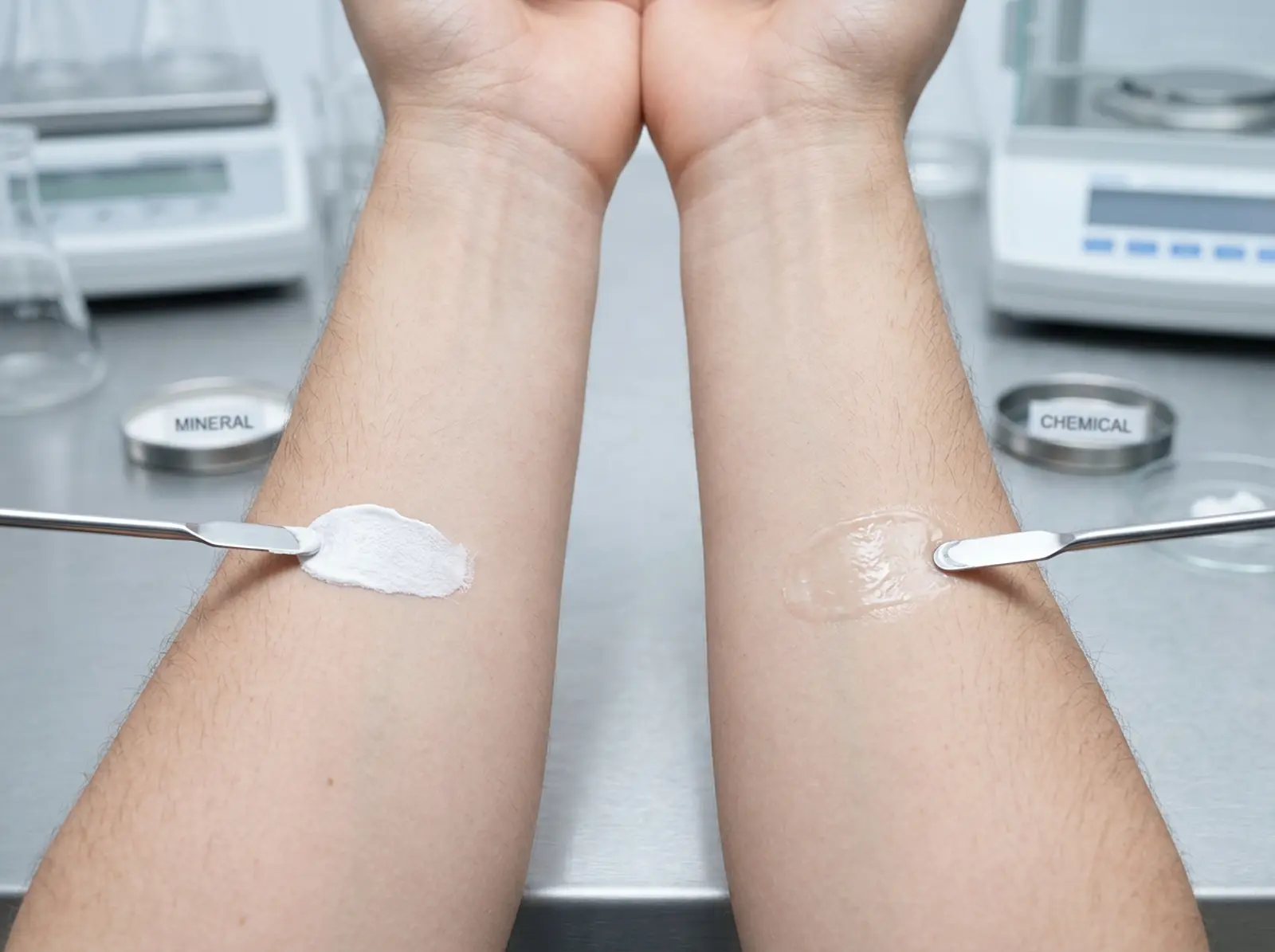 Mineral and chemical sunscreen on both forearms, studio shot.