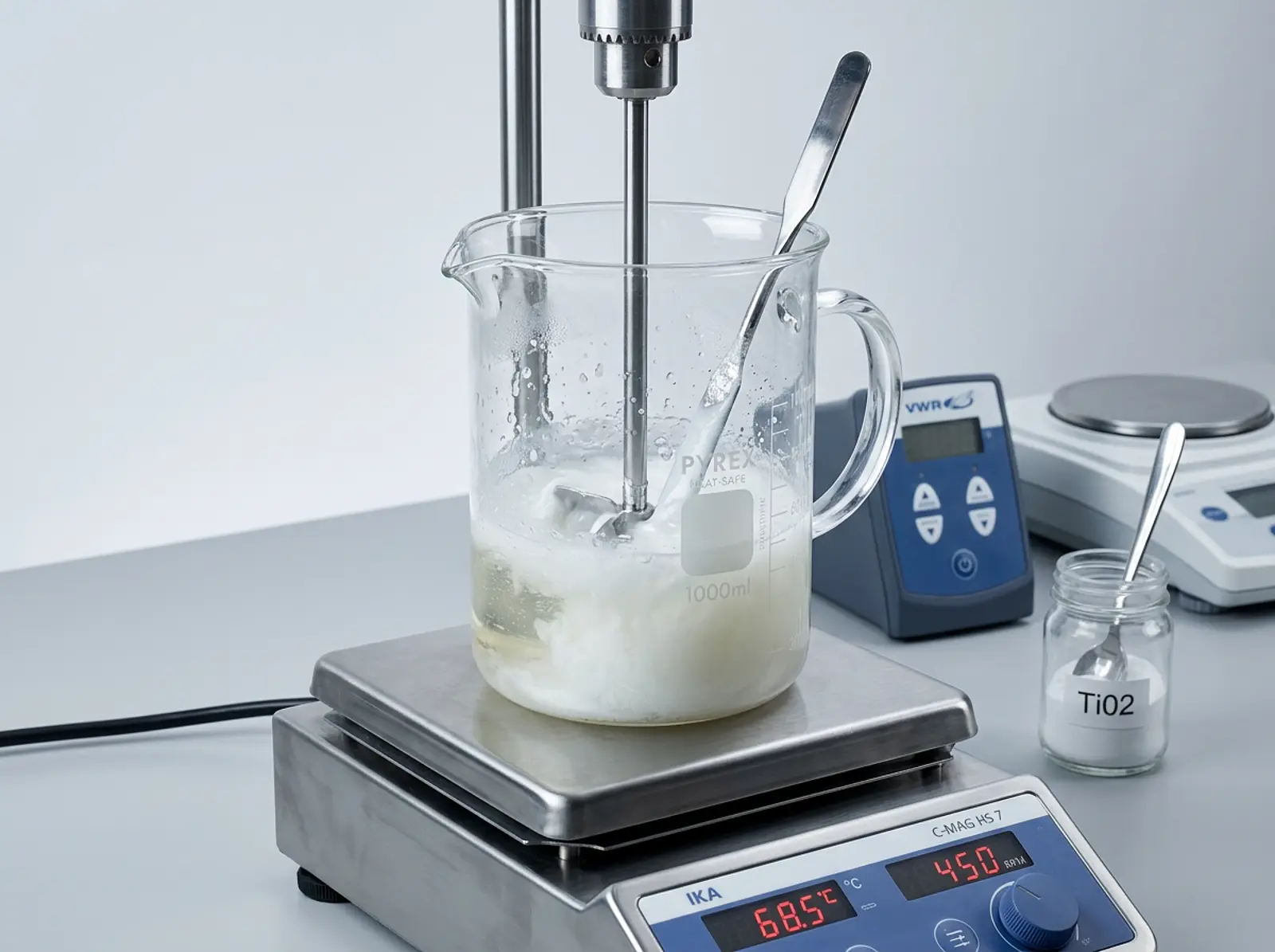 Clear melt-and-pour base in a heat-resistant beaker, turning milky as it is stirred.