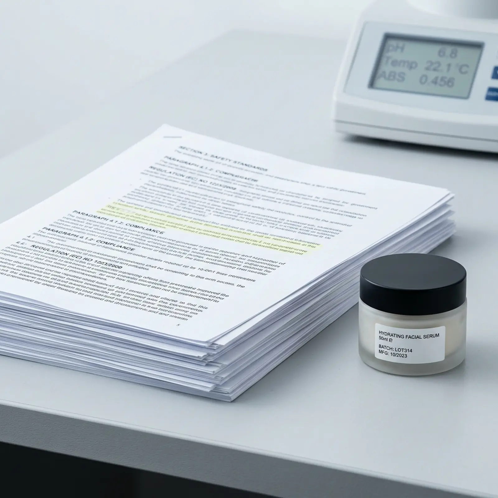 Stack of government documents beside a closed cosmetic jar on an office desk