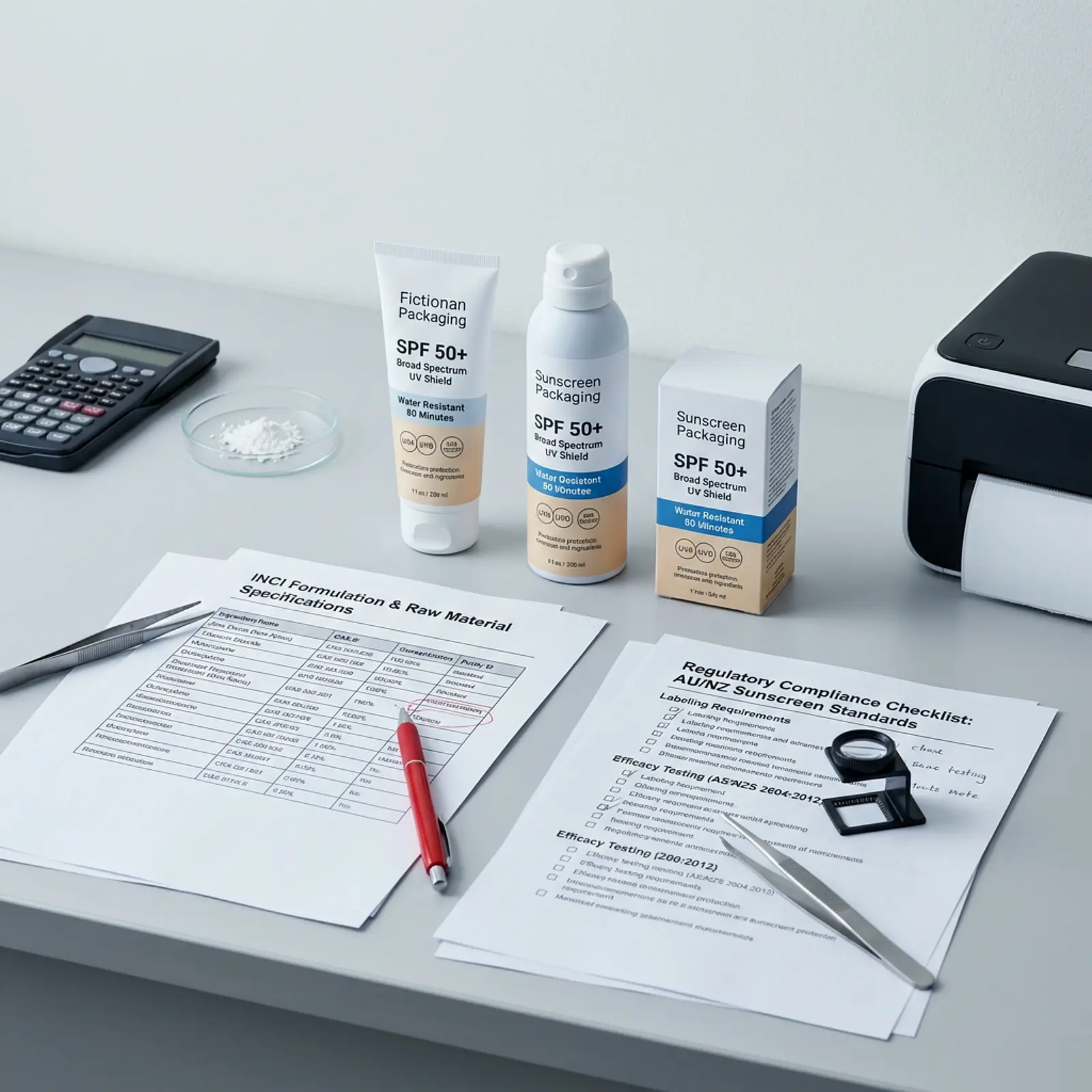 Compliance specialist at a desk reviewing sunscreen packaging and ingredient sheets