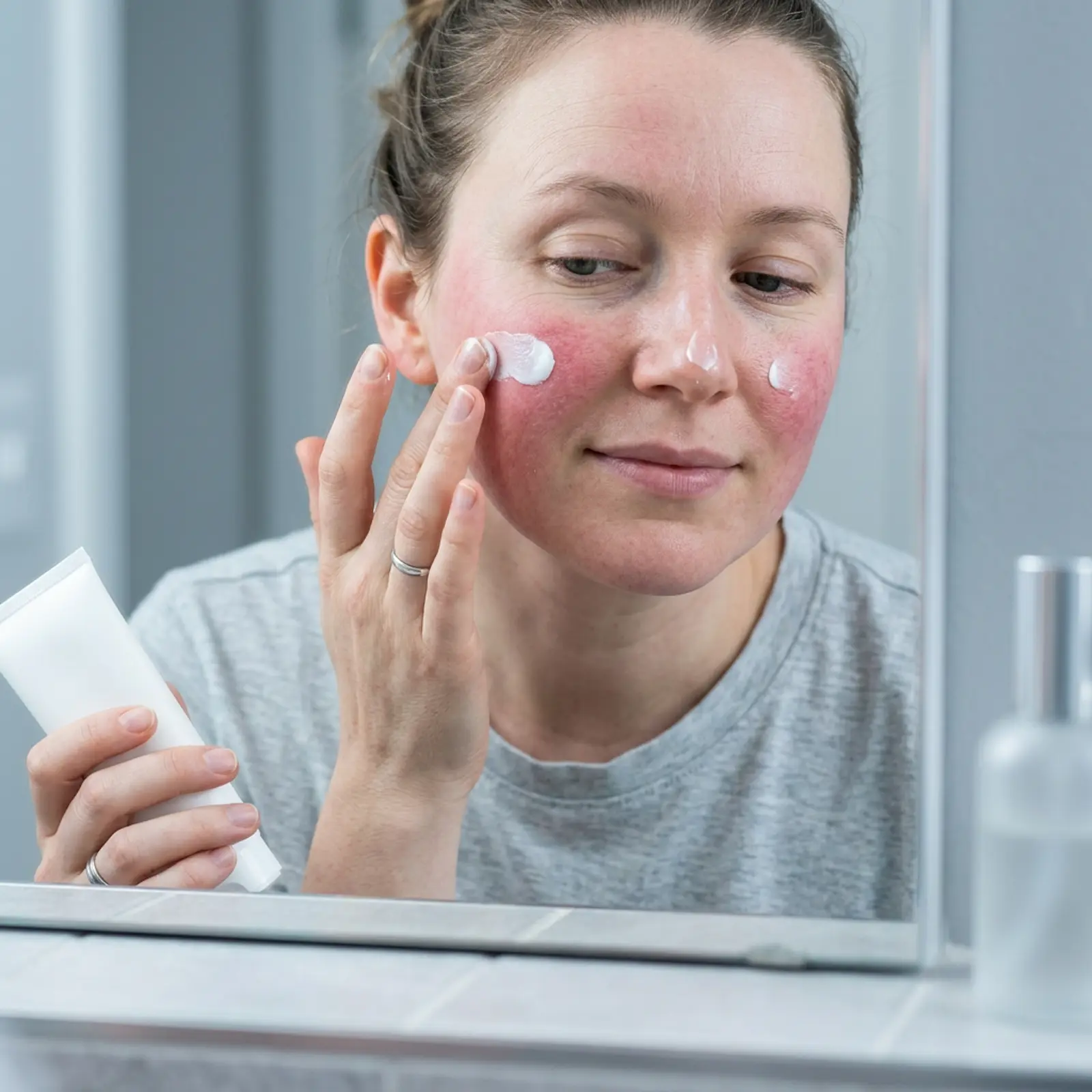 Macro shot of a person gently applying mineral sunscreen to the face.