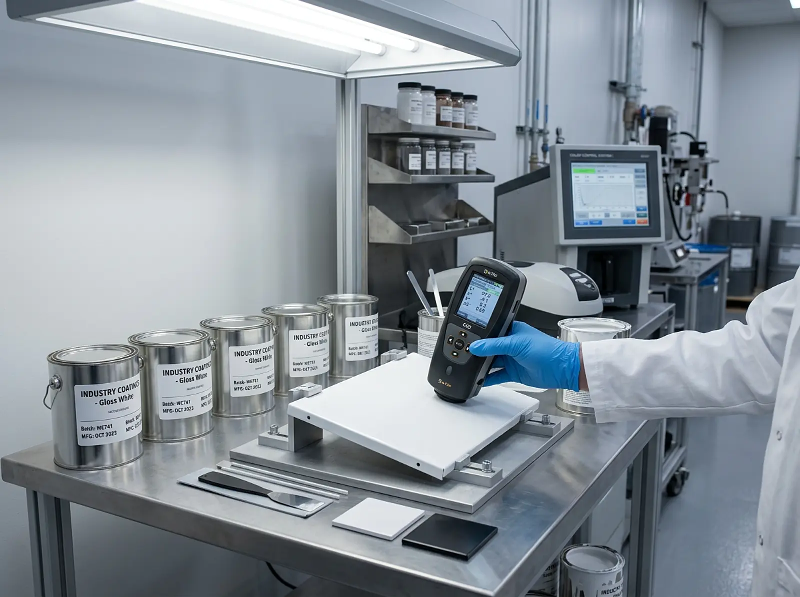 Technician testing a painted panel beside white paint cans in a factory workstation