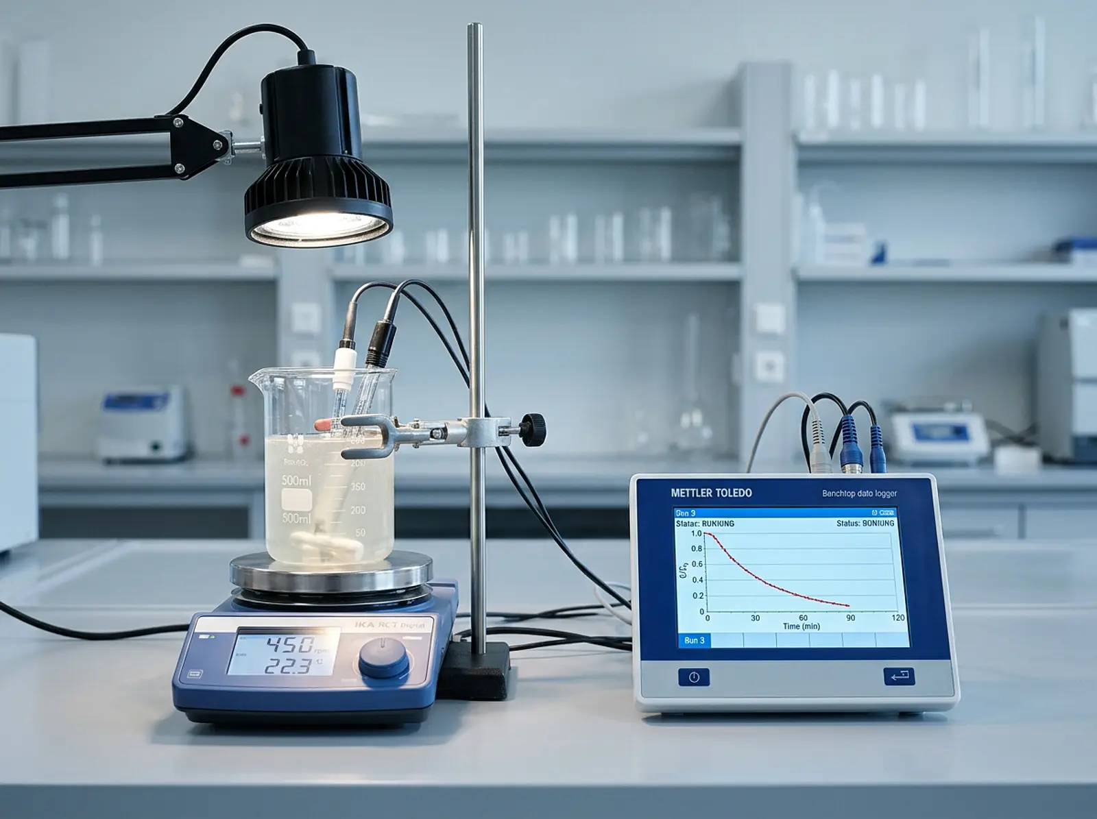 Photocatalytic reactor with lamp, stirred beaker, and degradation curve data logger.