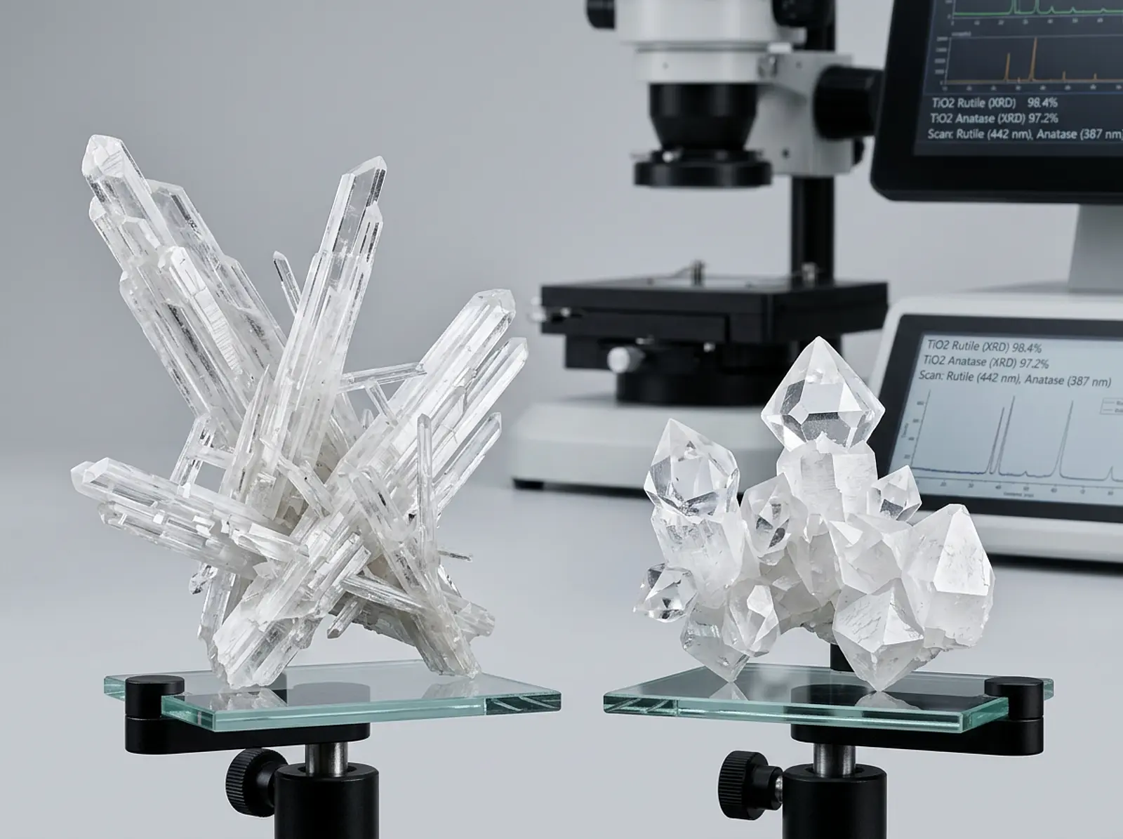 Macro shot of white titanium dioxide crystals (rutile and anatase) on neutral studio background.