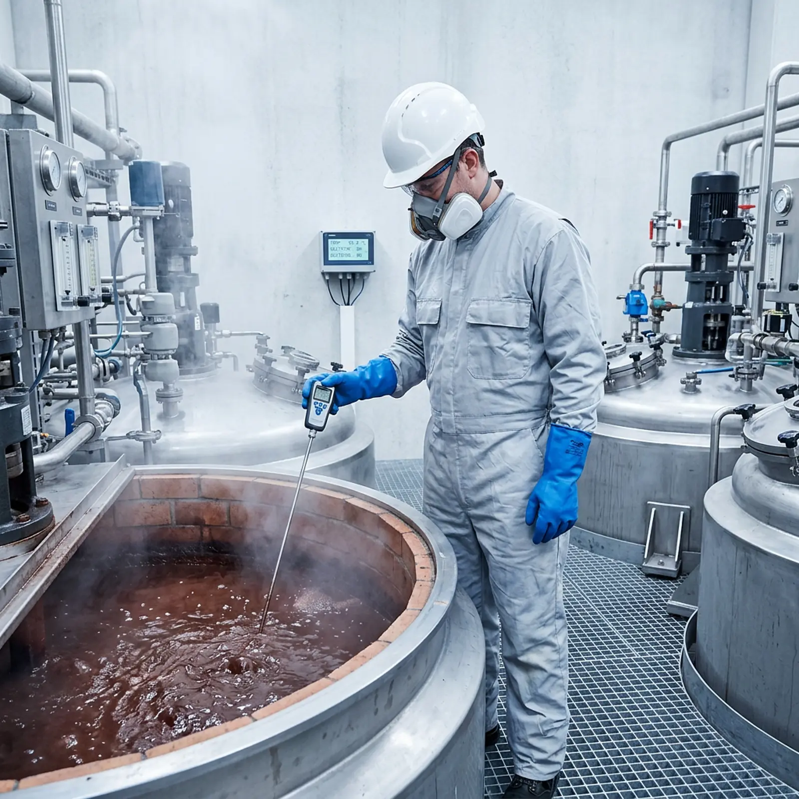 Worker monitoring ilmenite slurry dissolution in acid reaction vessels, steam in clean studio-like plant setting