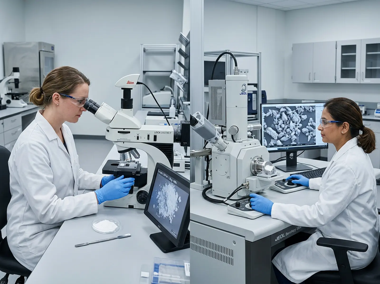 Two scientists in separate labs examine white powder samples under microscopes.